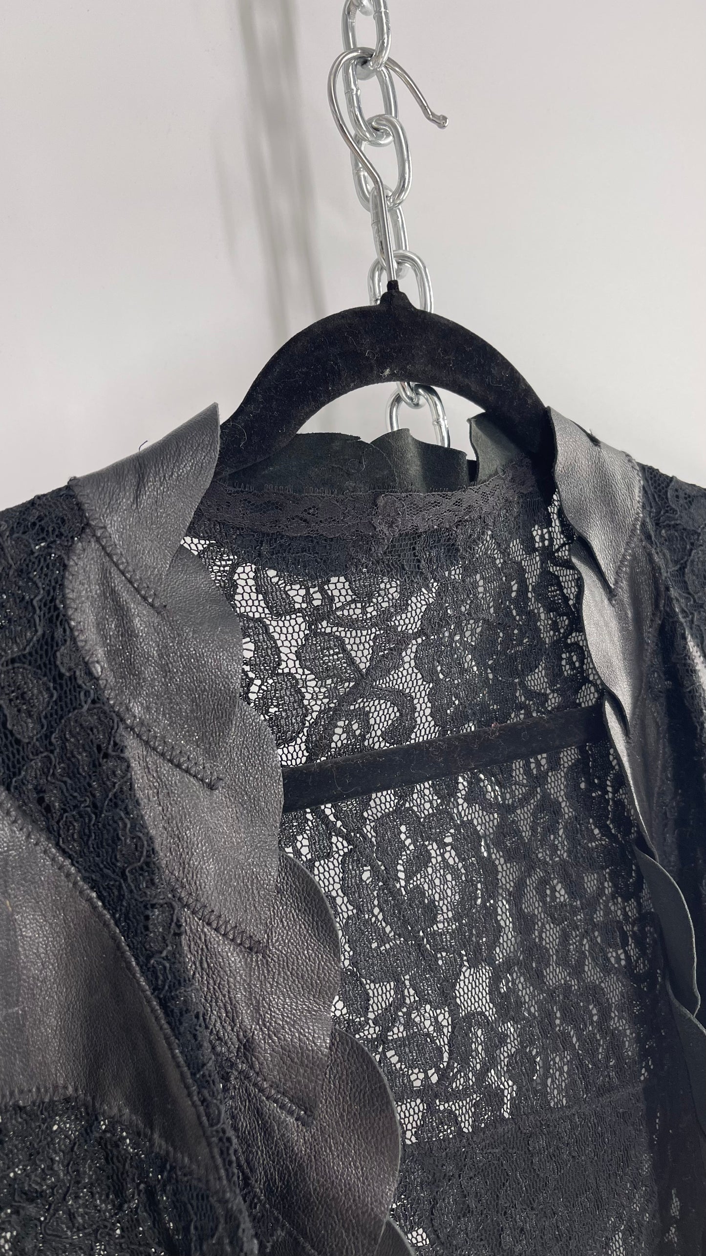 Vintage Black Lace Jacket with Genuine Black Leather Patches and Lining (M/L)