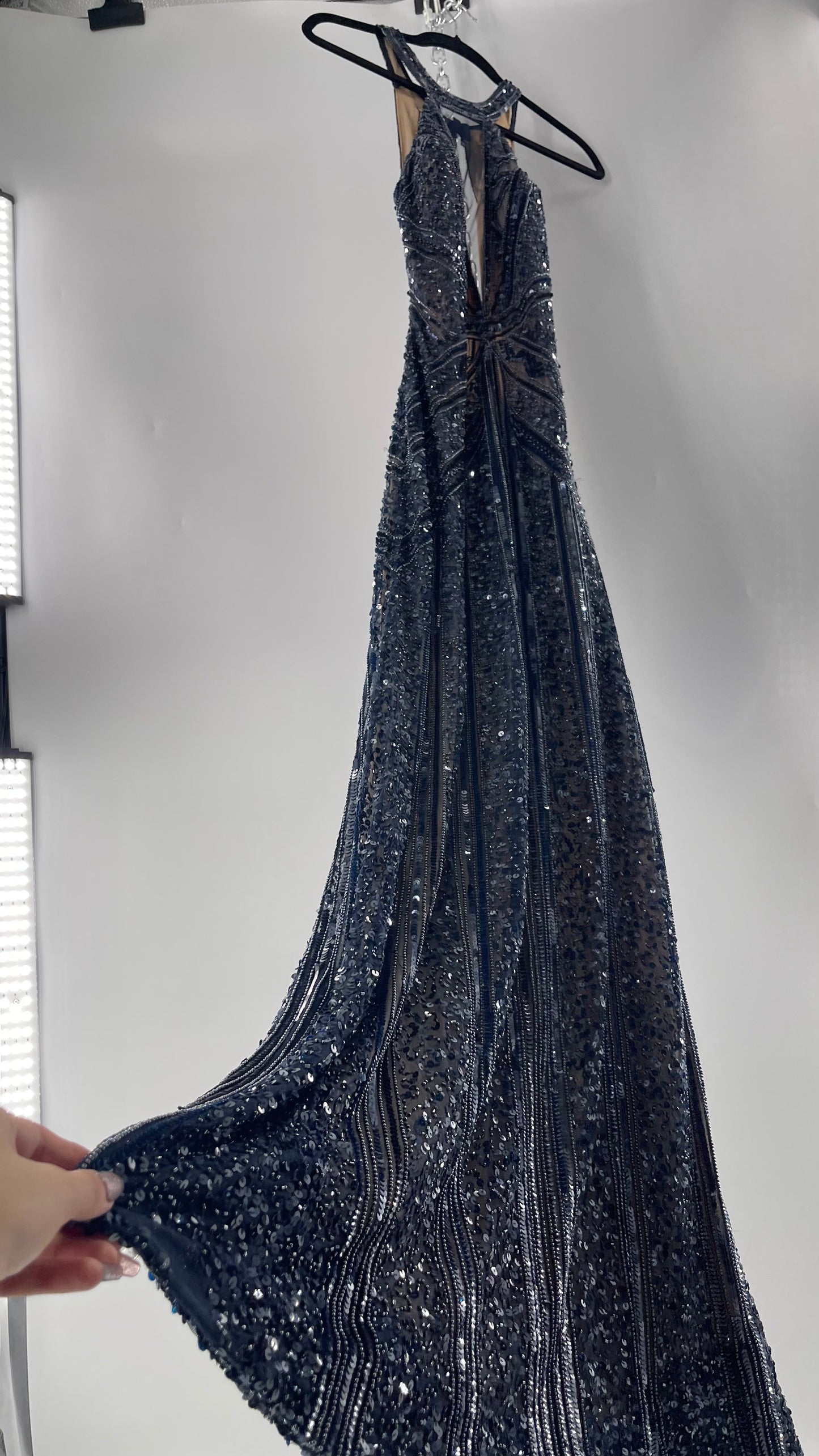 Vintage SCALA Navy Blue Beaded Floor Length Gown with Plunging Neckline, Backless Detail, and Tan Underlay (C)(4)