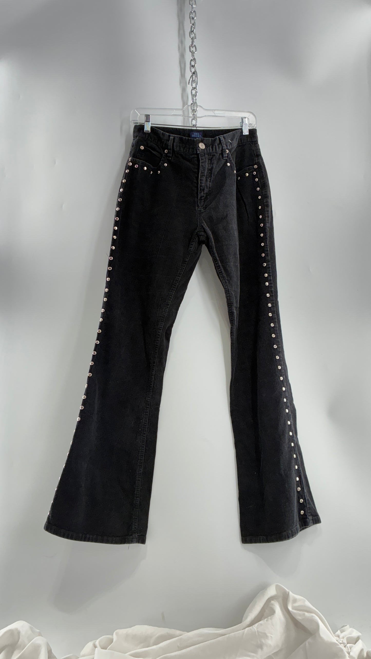 Vintage THE BLUES Grey Corduroy Side Studded Kick Flares (8)