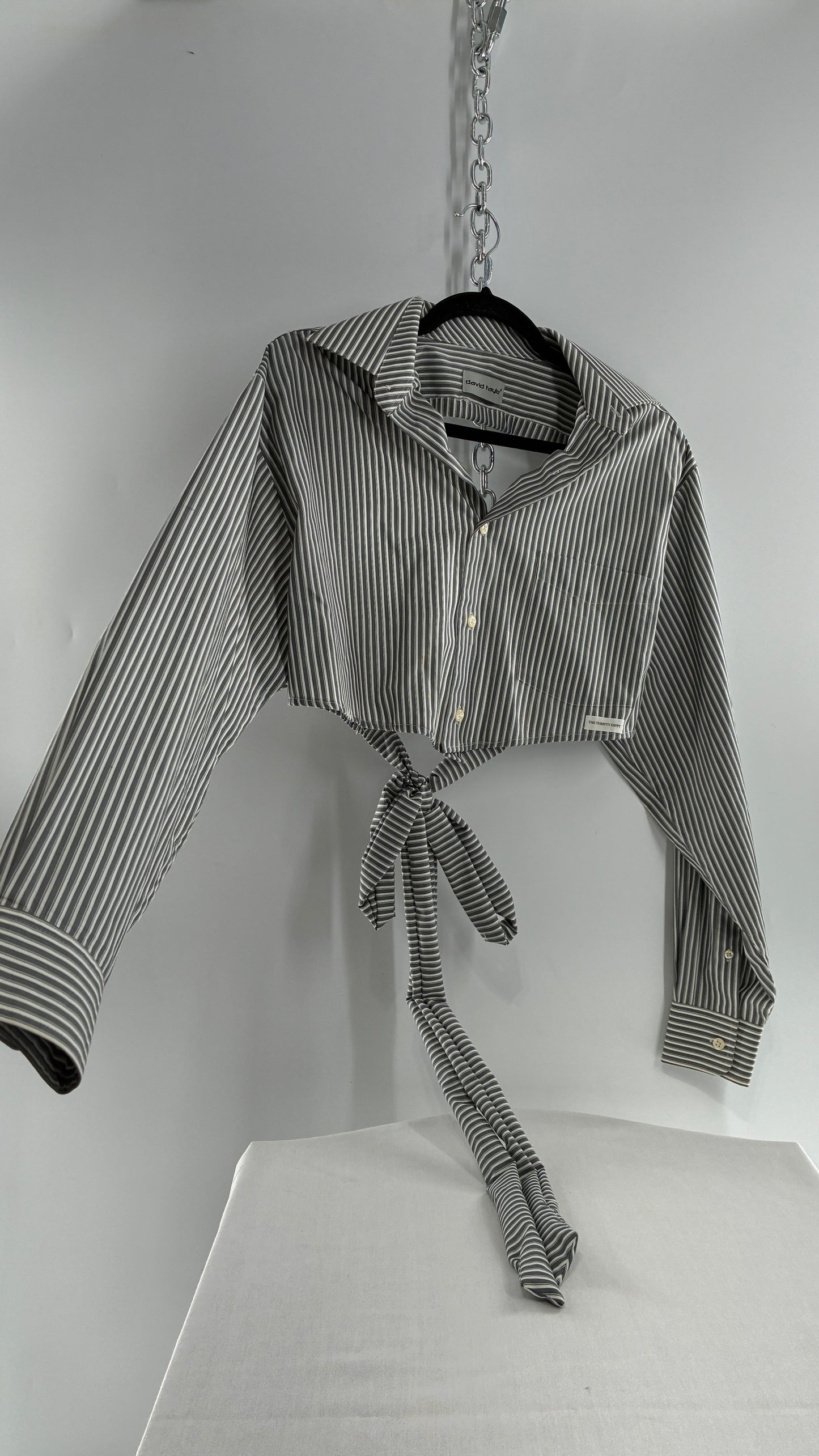 Vintage DAVID TAYLOR Reworked Button Front Backless Grey Striped Blouse (One Size)