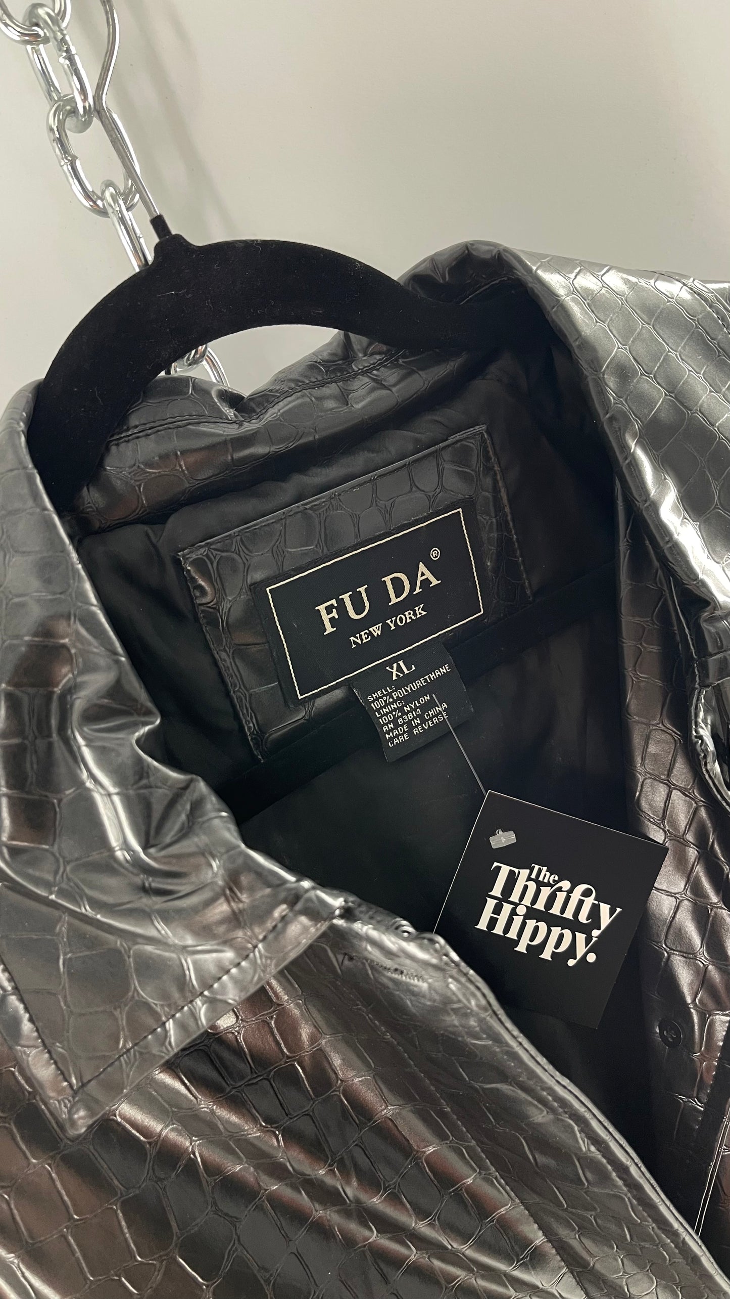FU DA NEW YORK Black Crocodile Embossed Coat (C) (XL)
