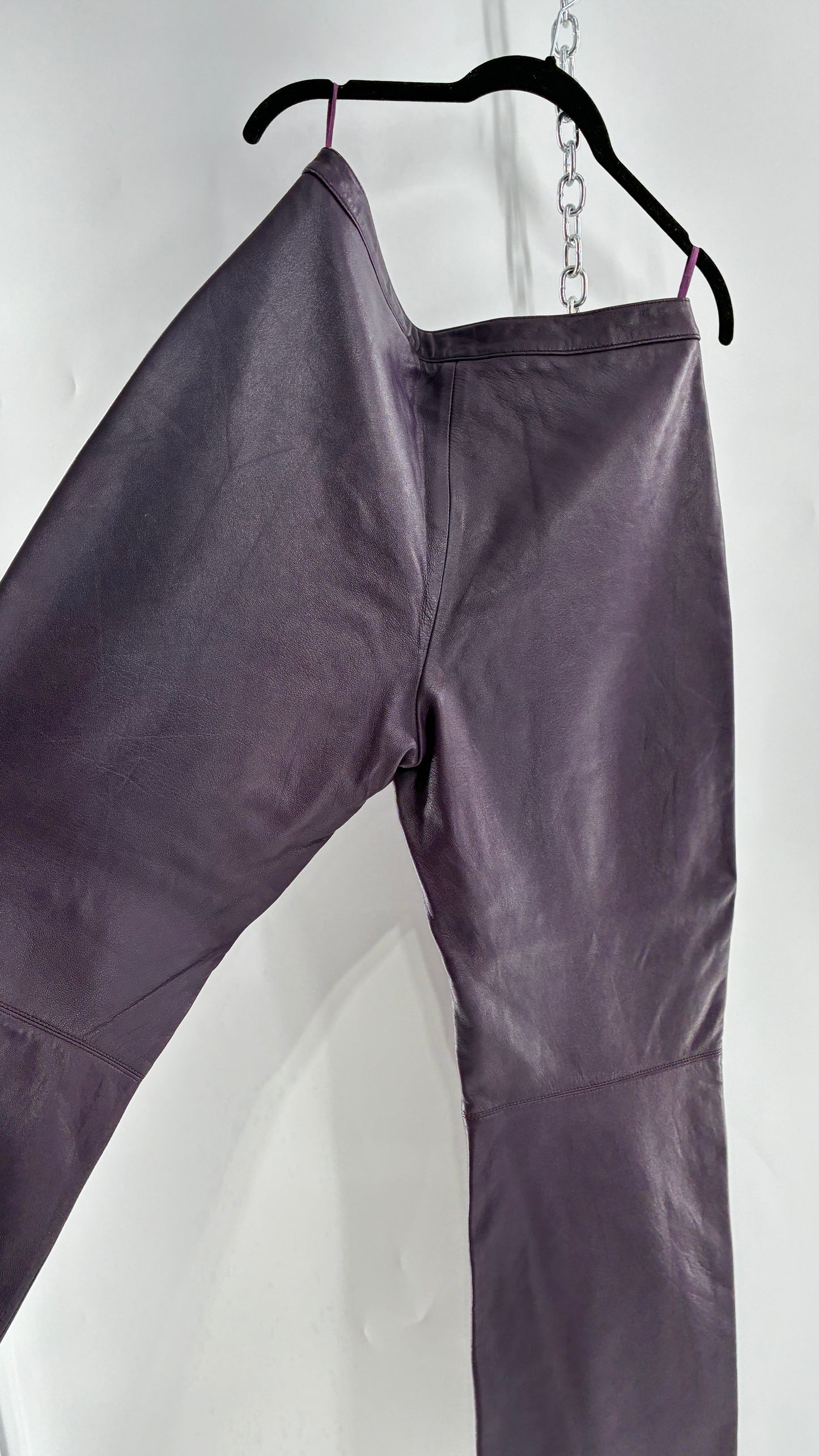 Vintage SHIN CHOI Genuine Italian Leather Purple Side Closure Low Rise Pants (12)