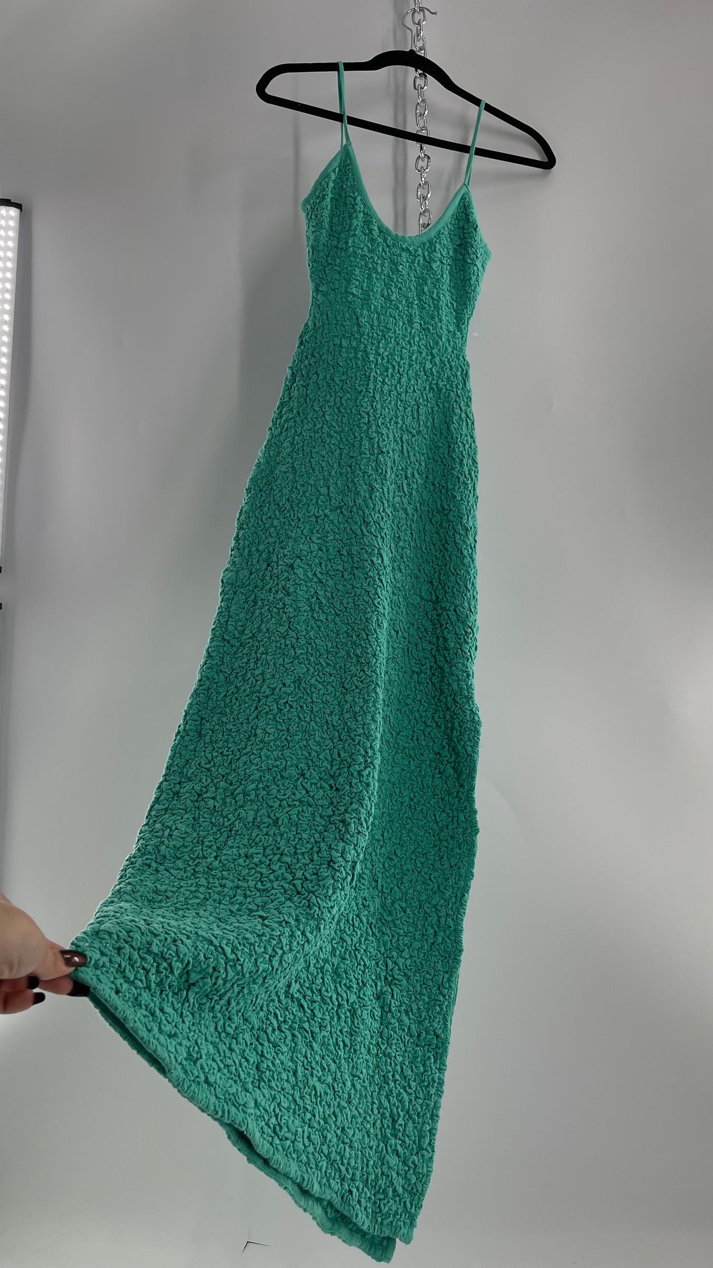 Free People Kelly Green Popcorn Maxi Dress with Low, Open Back Detail (XS)