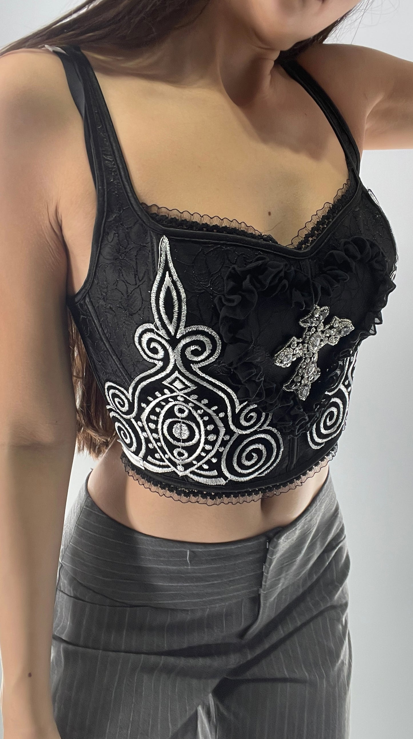 Custom Corset Handmade with Appliqués, Embroidery, Gemstones, Lace and Ruffles (S/M)