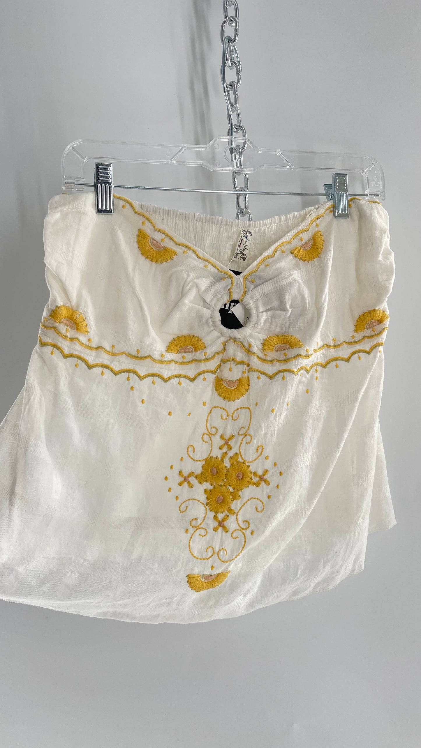 Intimately Free People White Cotton Tube Tank with Yellow Embroidered Detailing (L)