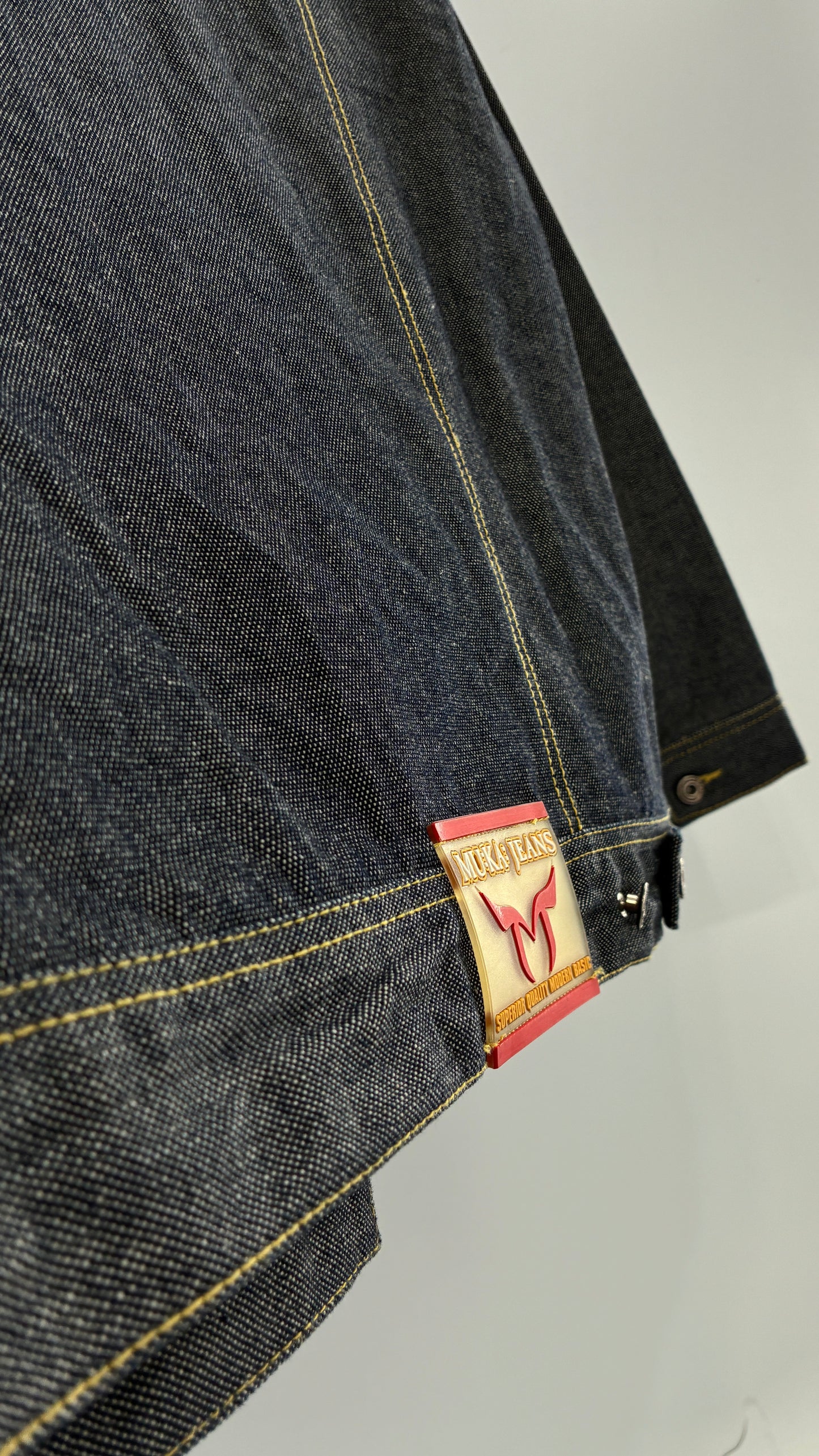 Vintage 1990s MU:KA: JEANS Men’s Dark Wash Japanese Style Denim Baggy Straight Legs and Oversized Jacket Set (L, 32x32)