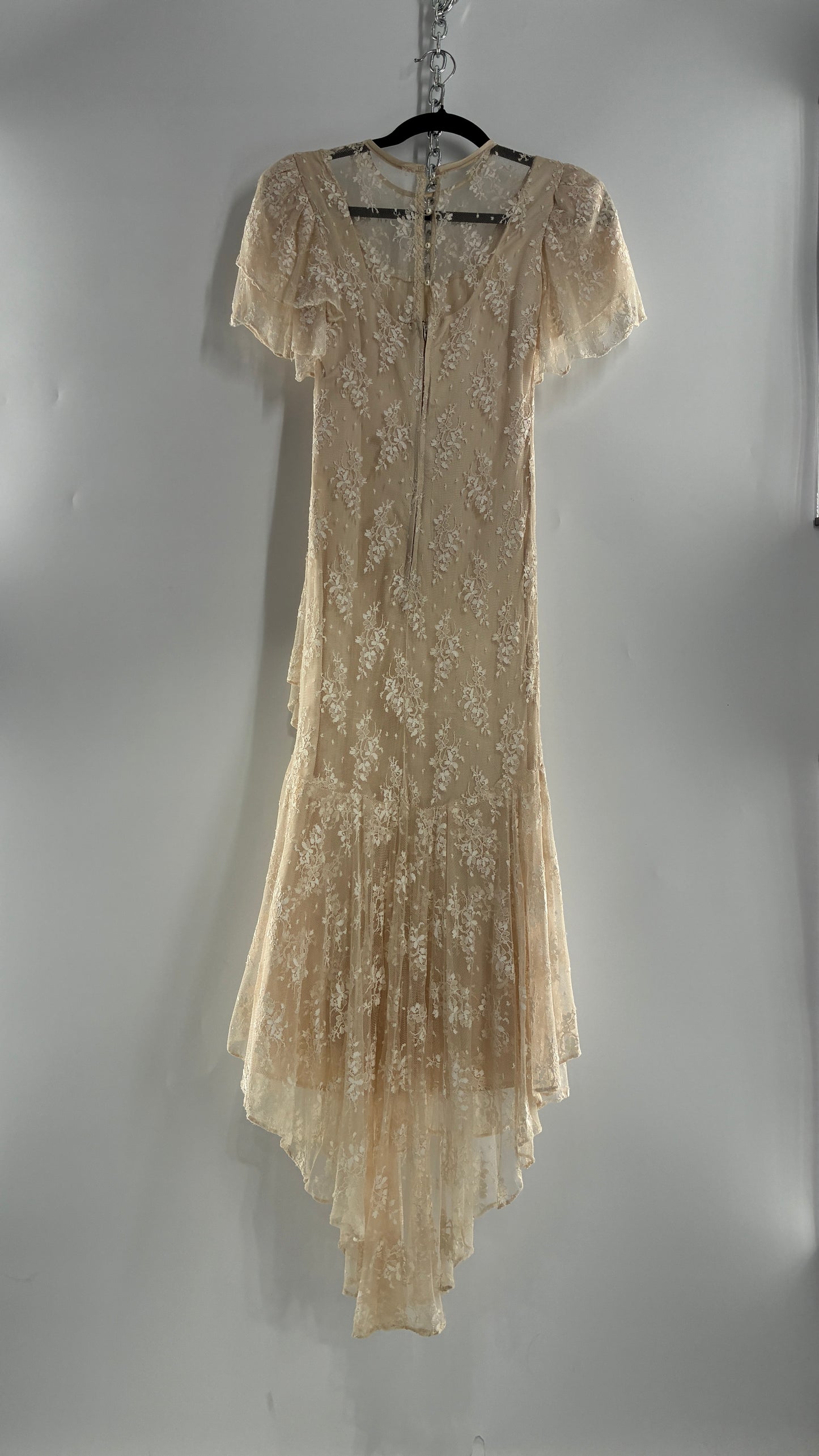 Vintage Ivory Lace Gown with Petal Sleeves, Tiered Hemline (5/6)