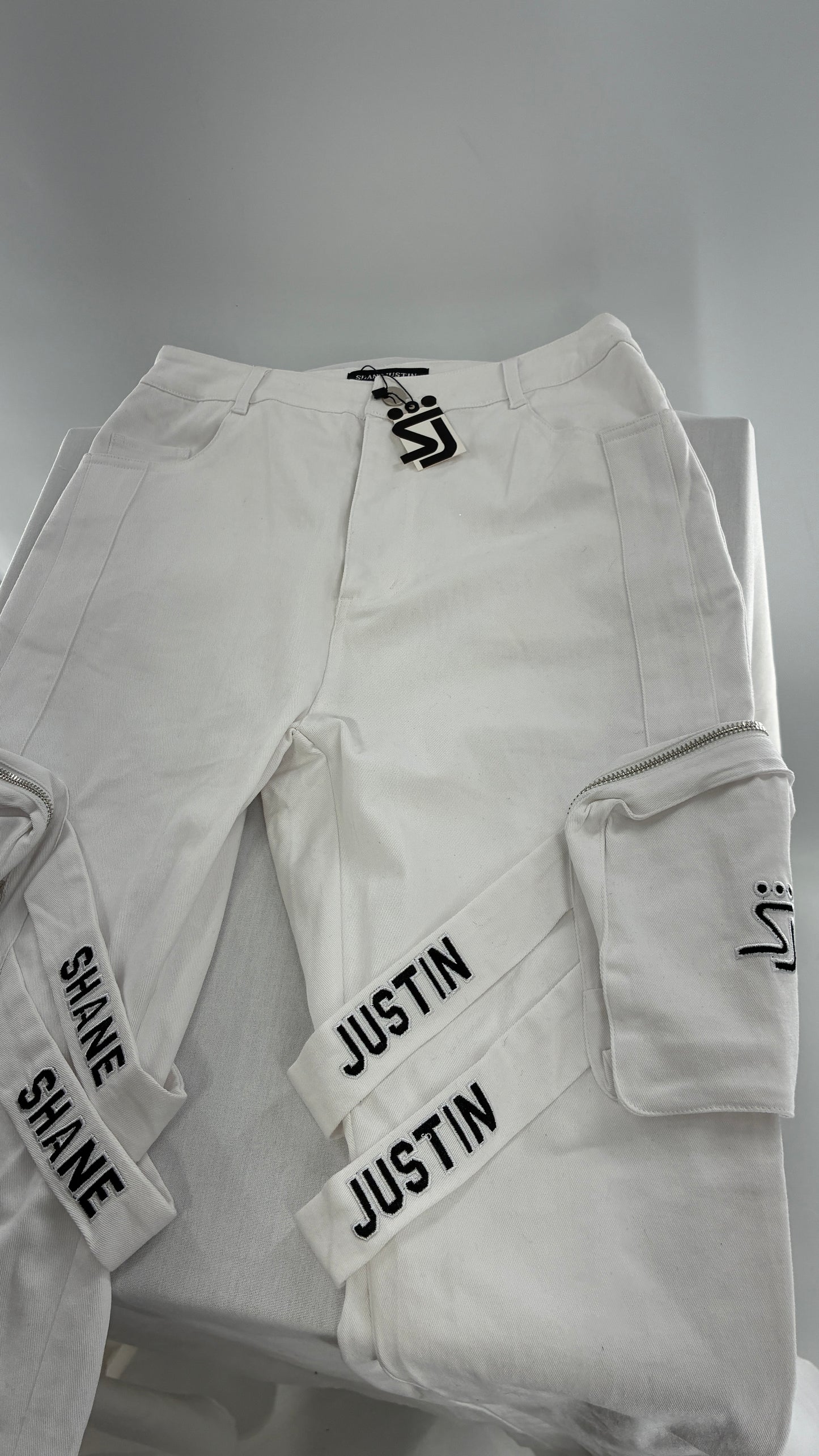 Designer SHANE JUSTIN White Stacked Extendo Cargo Pants with Embroidered Logo Pants and Tags Attached (Small)