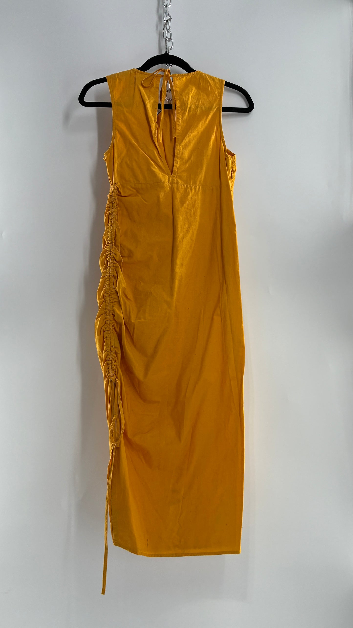Urban Outfitters Mustard Yellow Cotton Ruche Side Slit Midi Dress (XS)