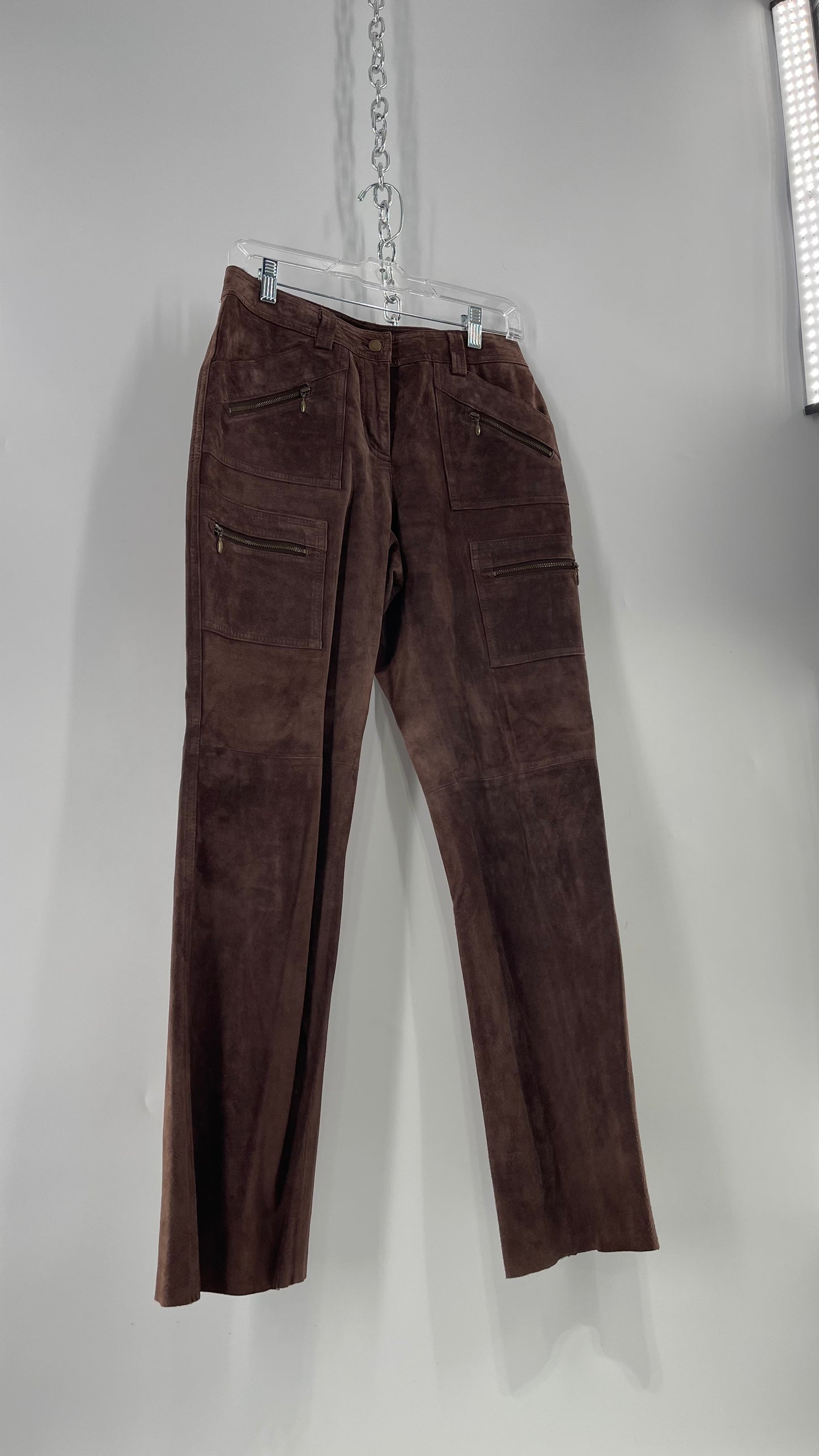 Vintage Context Petit Brown Suede Straight Leg Cargos with Pockets and Bronze Zippers (8P)