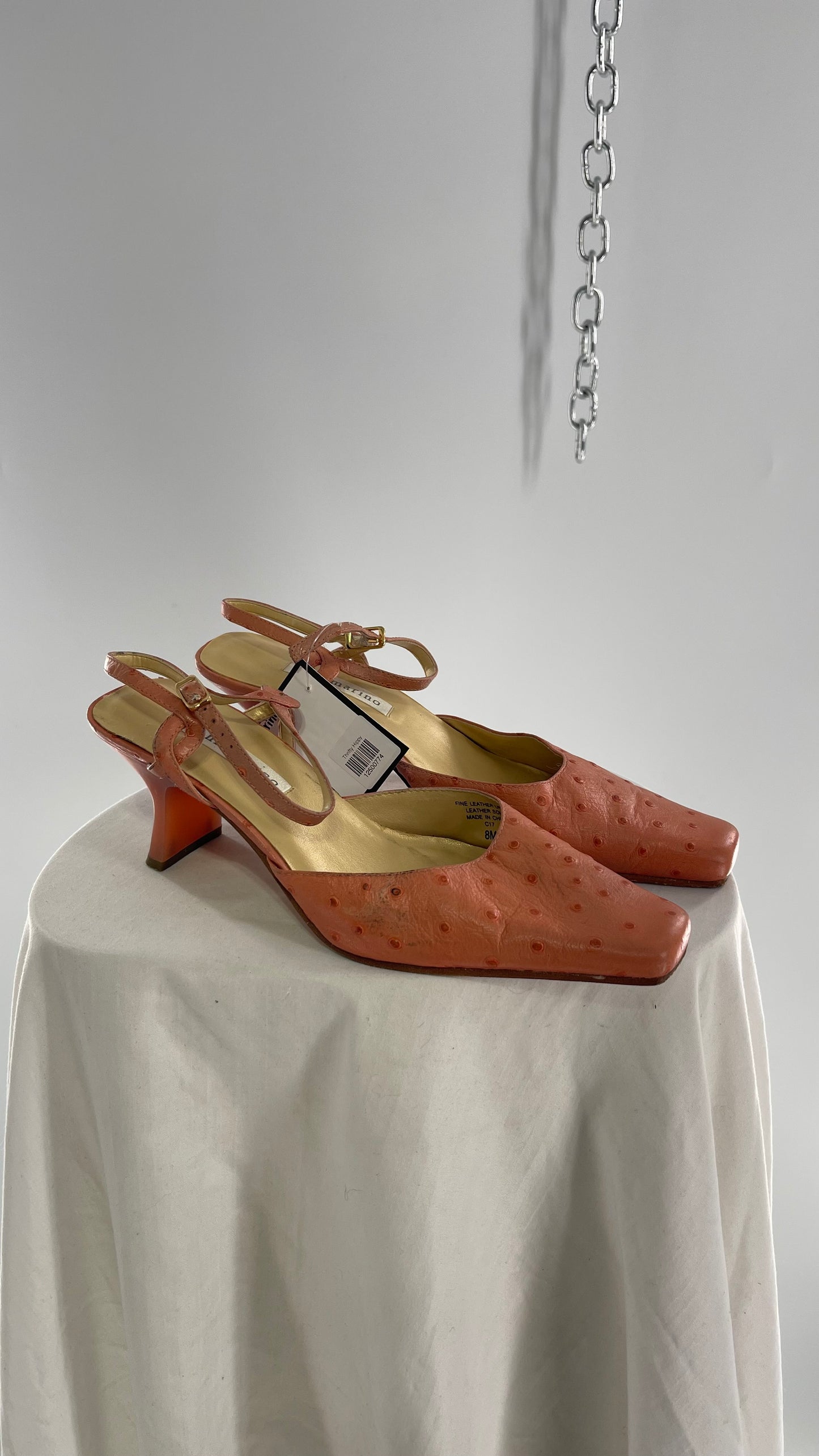 Vintage 1990s Ann Marino Pink Peach Genuine Leather Sling Back Pointed Square Toe Kitten Heel (8)