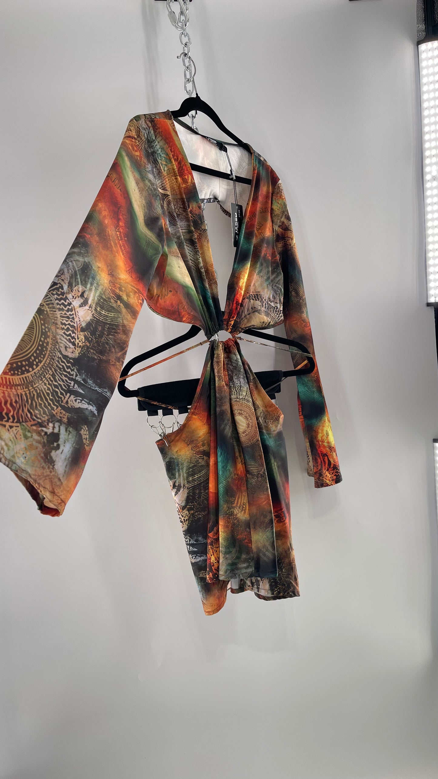 Jaded London Graphic Green, Orange, Yellow Dress with Bell Sleeves, Cut Out Waist and Straps (10)