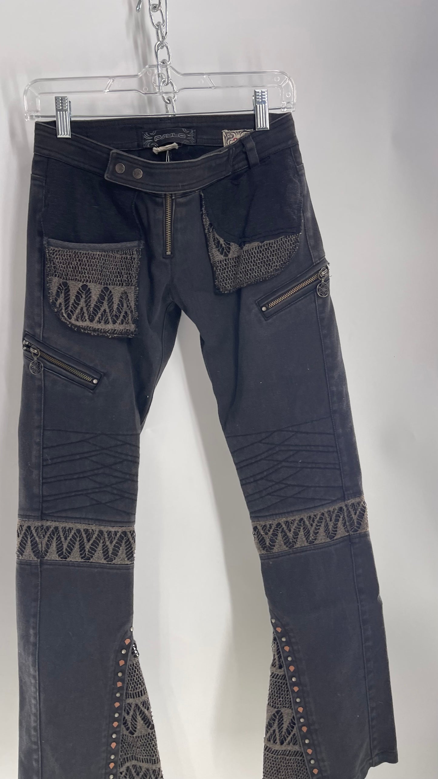 Vintage Rare PSYLO 1990s Low Rise Kick Flare Jeans with Studs, Lace and Hardware (38/28)