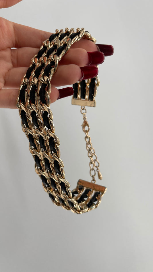 Free People Black Leather Braided Choker with Gold Metal Hardware
