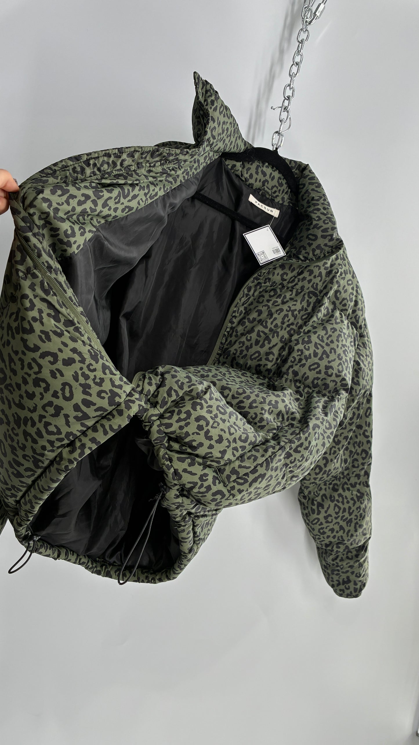 PACSUN Army Green Leopard Print Puffer Jacket (Large)