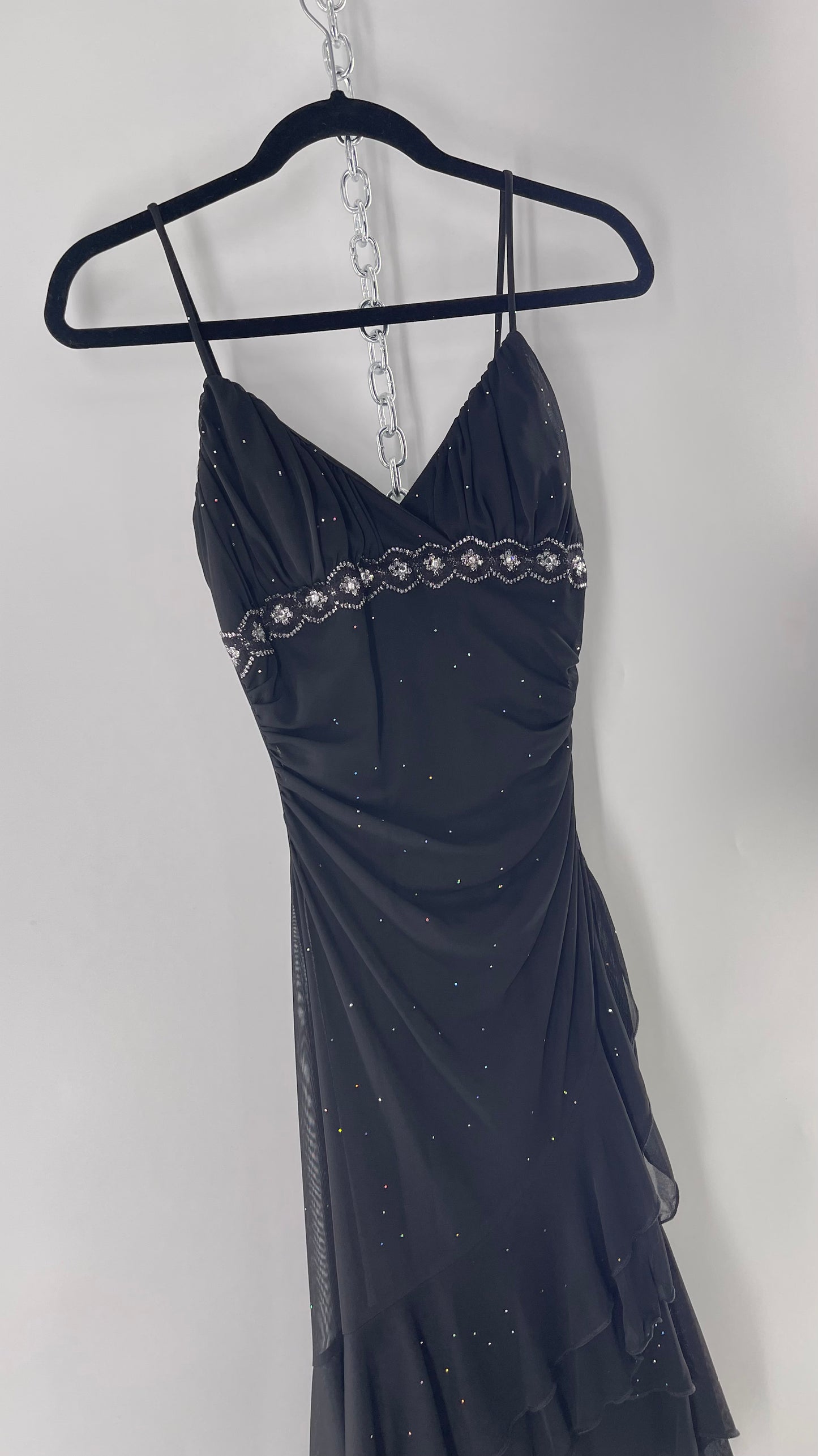 Vintage Taboo Midi Dress with Iridescent Sequins with Lace Underbust Detail, High Low Silhouette and Frills (Medium)