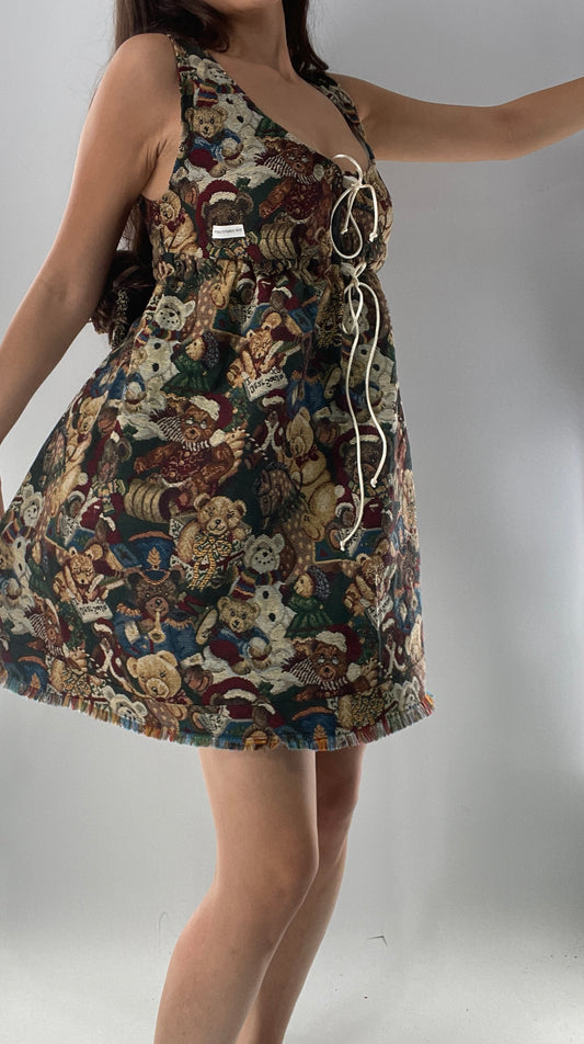 Christmas Custom Teddy Bear Tapestry Babydoll Dress with Bow Back Detail and Adjustable Neckline/Underbust (XS-L)