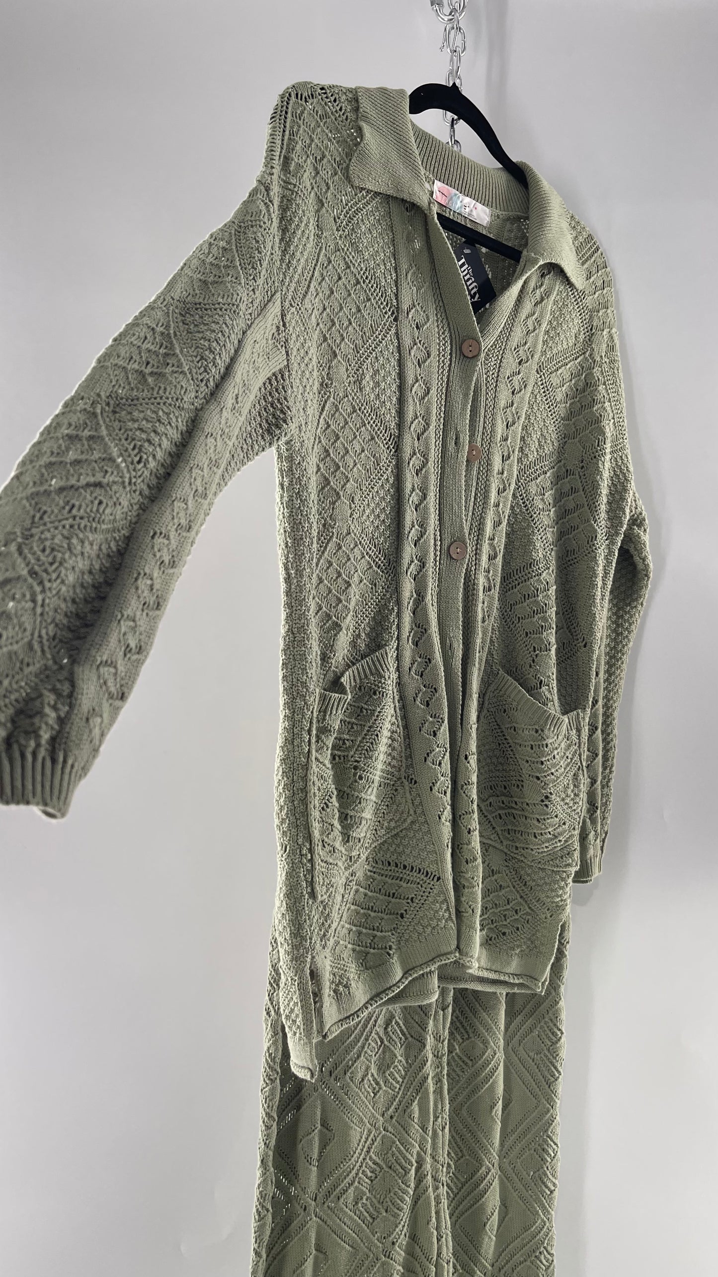 Free People Beach Sage Green Crochet Wooden Button Front Cardigan and Wide Leg Set (Medium)