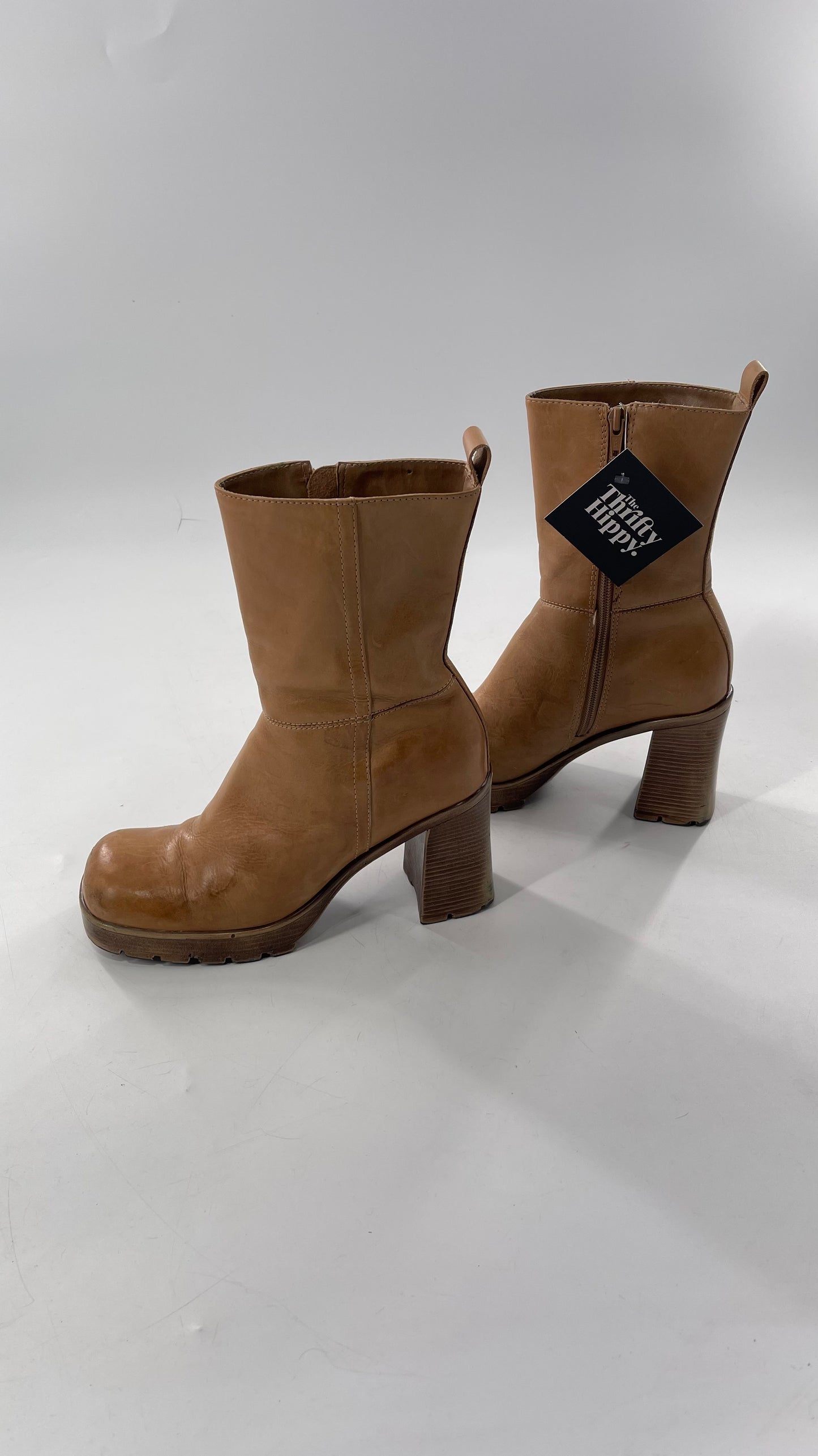 Vintage 90s Steve Madden Tan Leather Funky Square Toe Boot with Platform and Chunky Heel