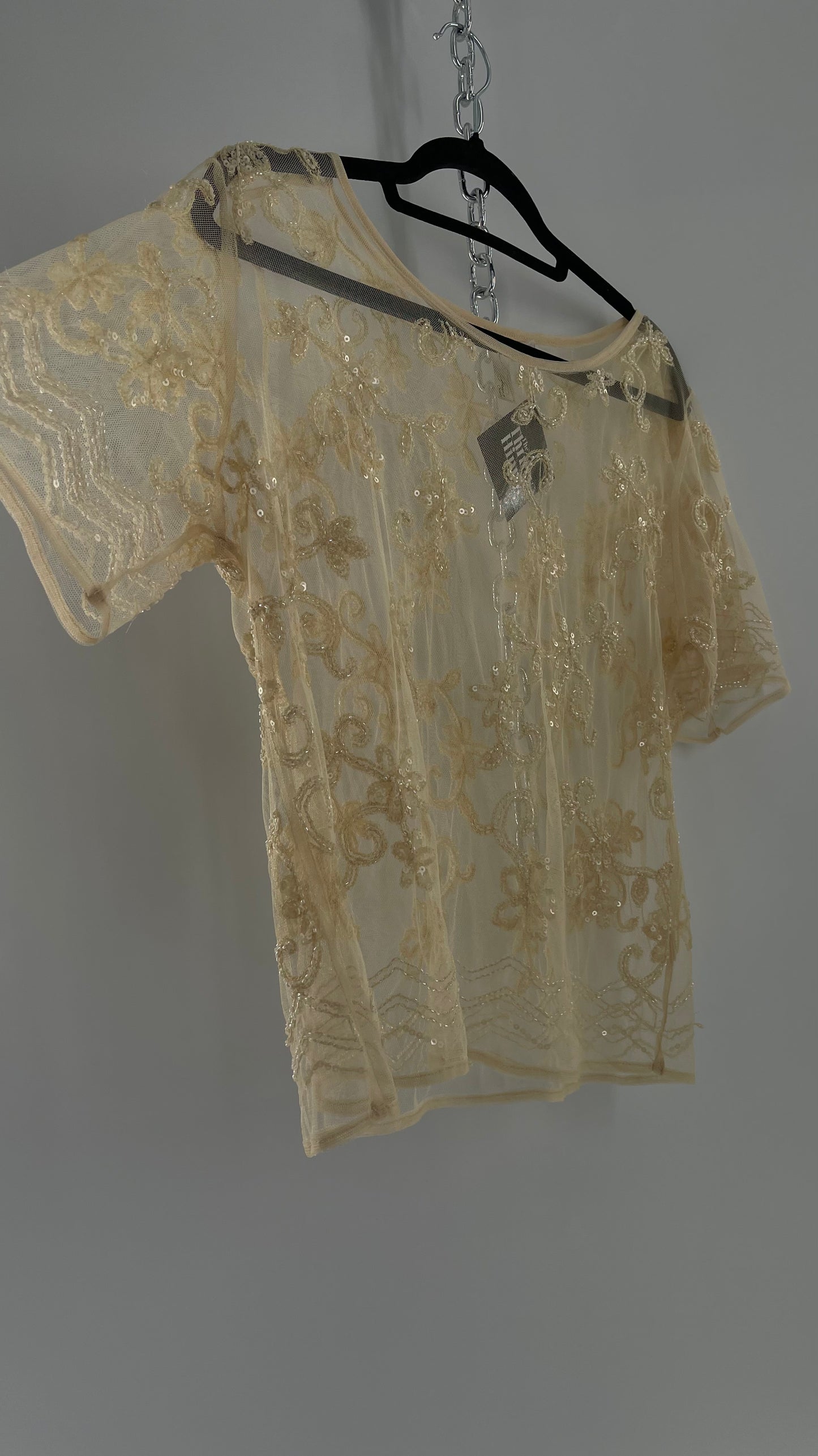Vintage Forever 21 Baby Yellow Beaded Mesh T Shirt (Large)