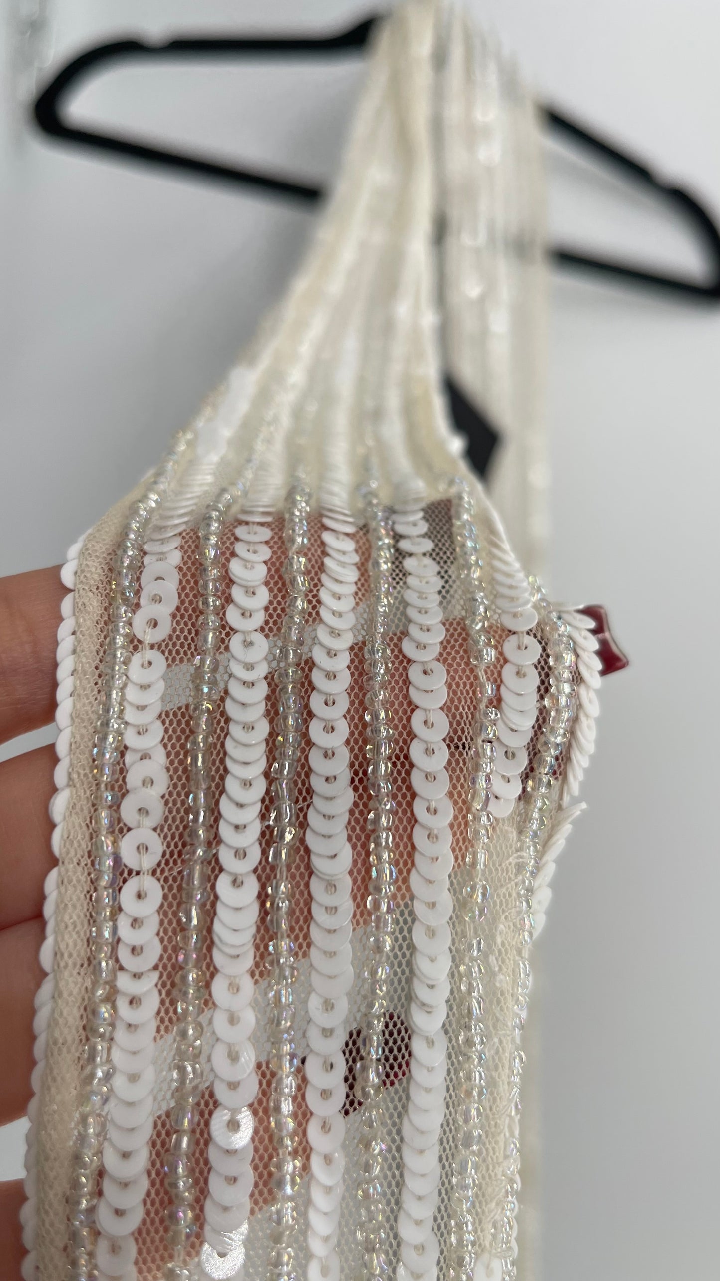 Vintage White Sequin Iridescent Beaded Skinny Scarf