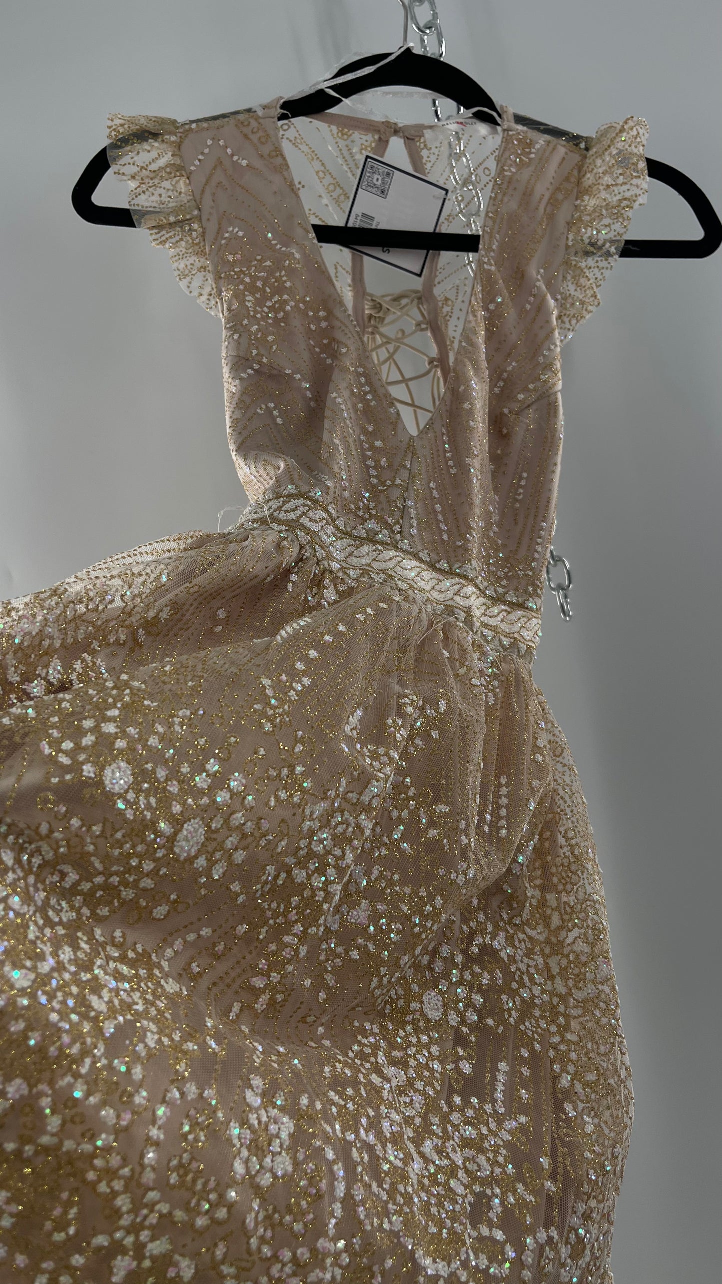 Hello Molly Fairy Sleeveless Chunky Iridescent Glitter Gold Mini Dress with Tie Up Back and Ruffle Sleeve (S)