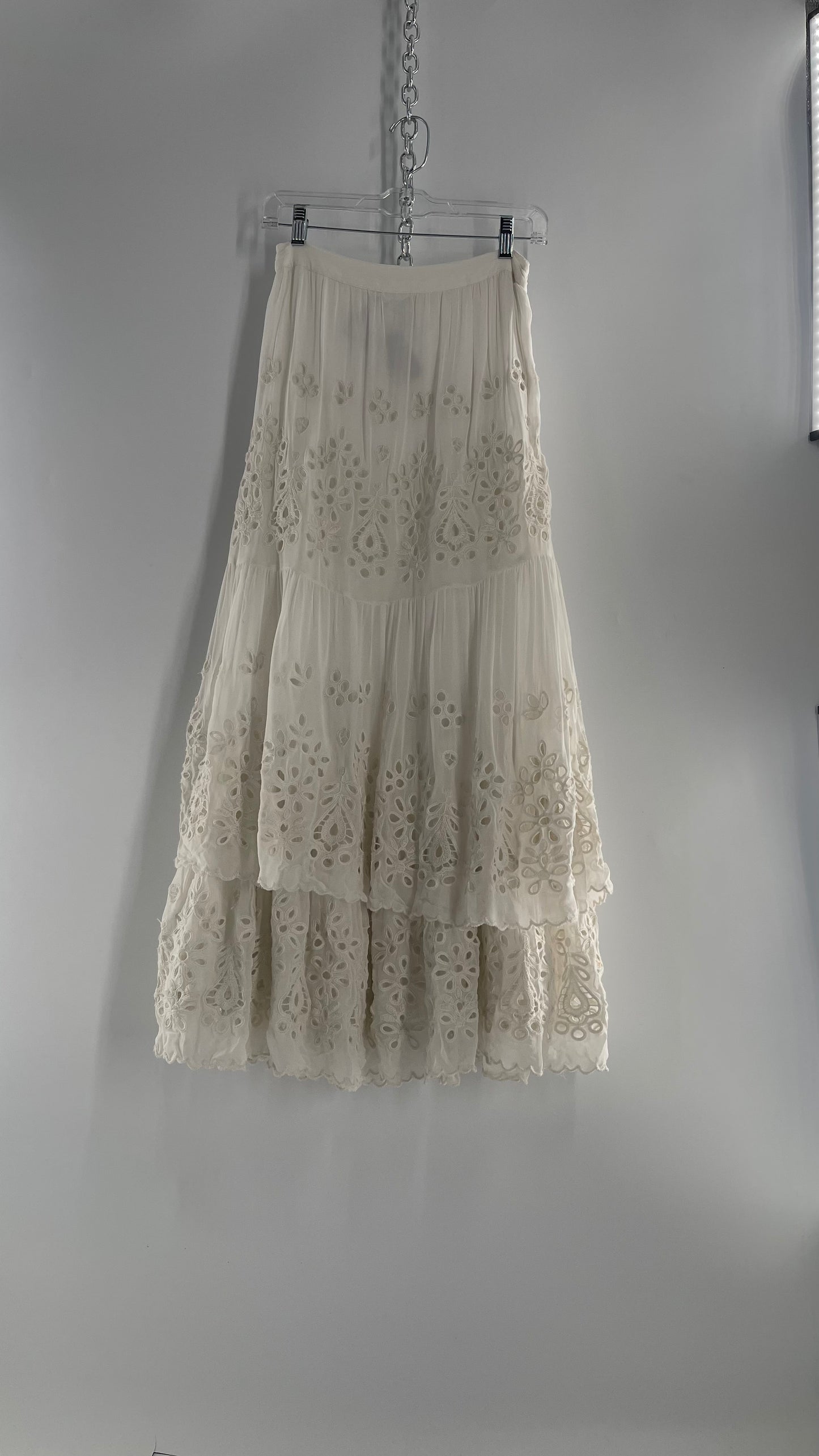 Free People White Embroidered Eyelet/Lace Voluminous Tiered Ruffle Full Length Skirt (4)