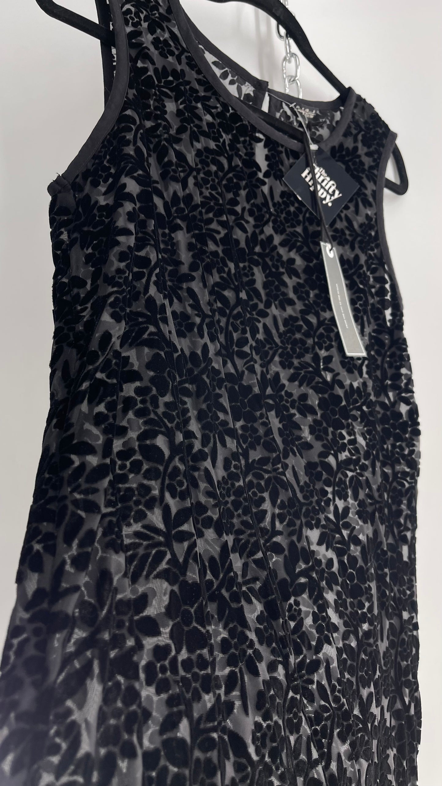 Lucky Brand Black Sheer Patterned Floral Velvet Midi Dress with Tags Attached (Medium)