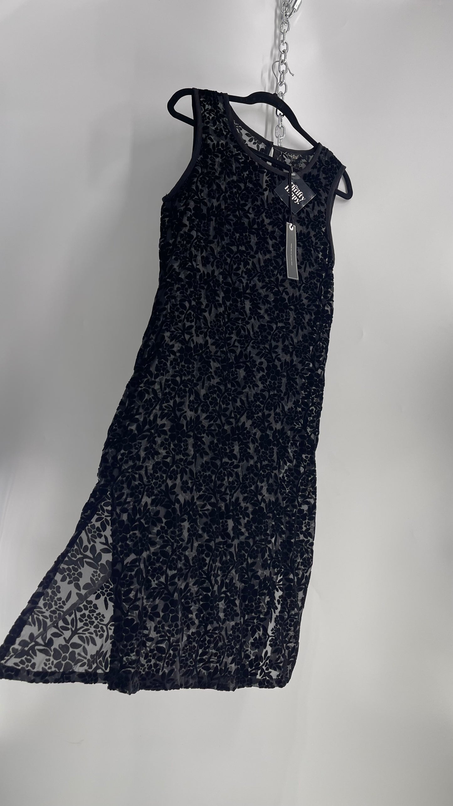 Lucky Brand Black Sheer Patterned Floral Velvet Midi Dress with Tags Attached (Medium)