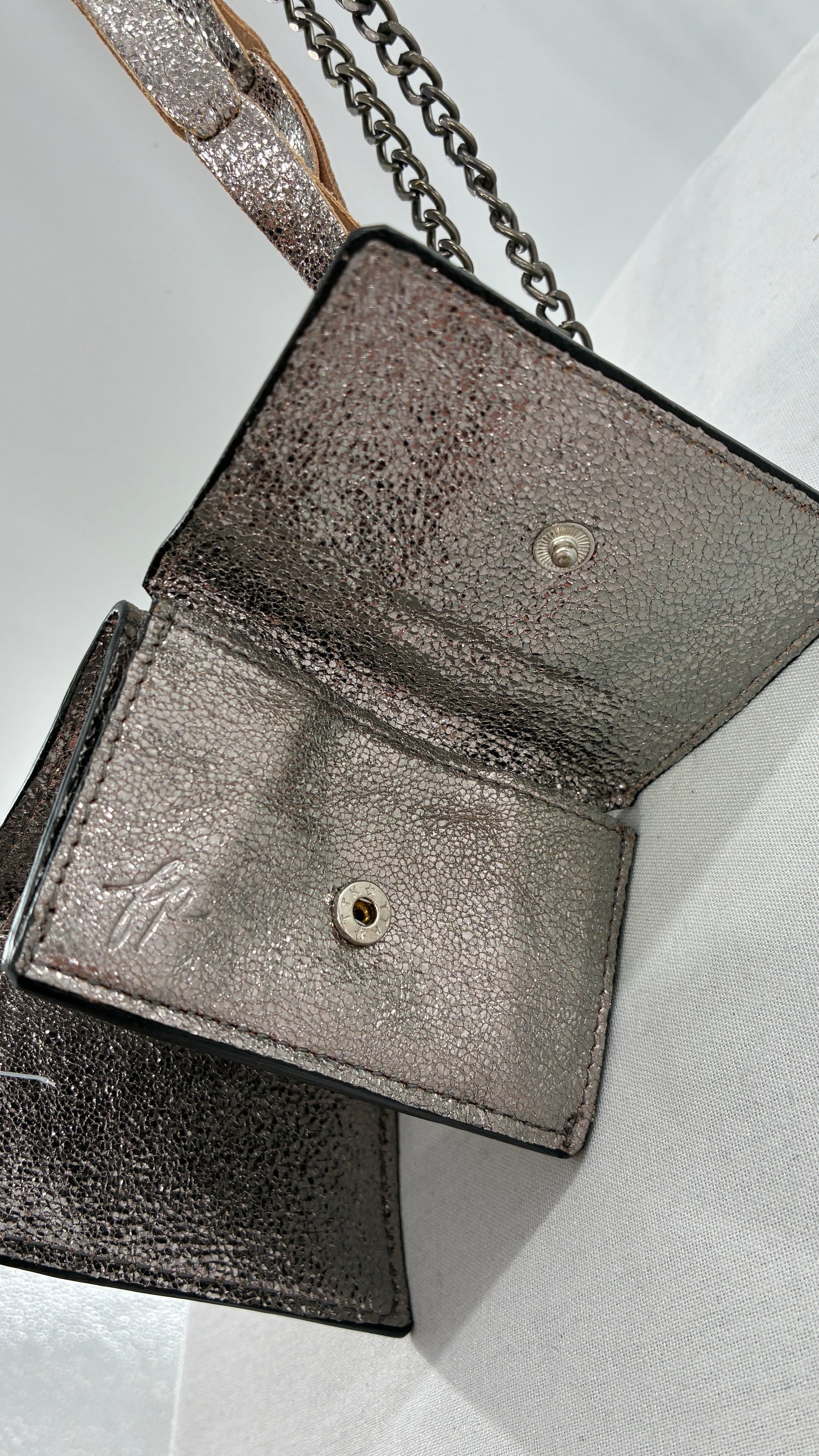 Free People Silver Gun Metal Metallic Goat Leather Wallet with Leather and Chain Straps