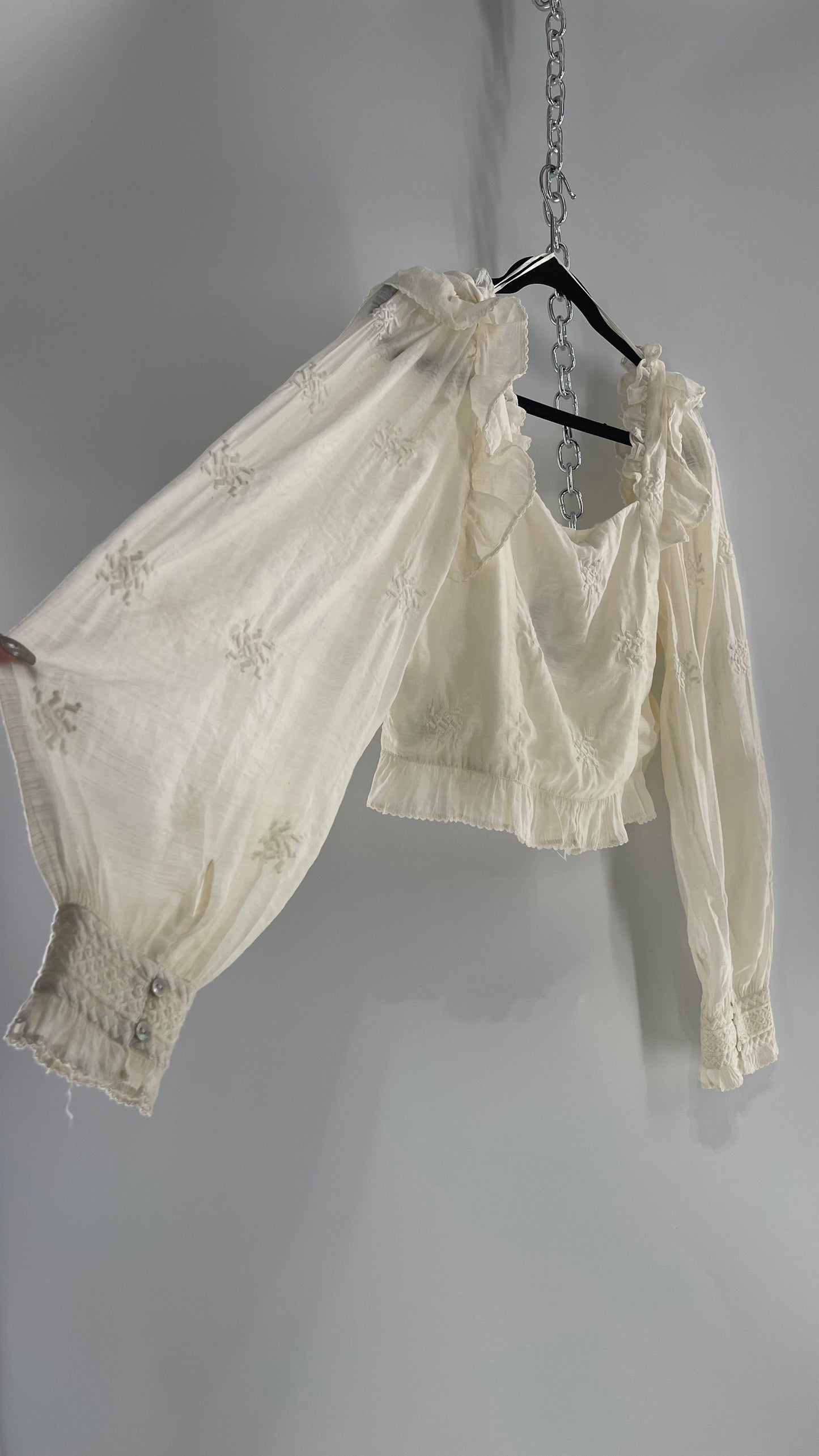 Free People White Cotton Bubble Sleeve Blouse with Embroidered Details (Medium)