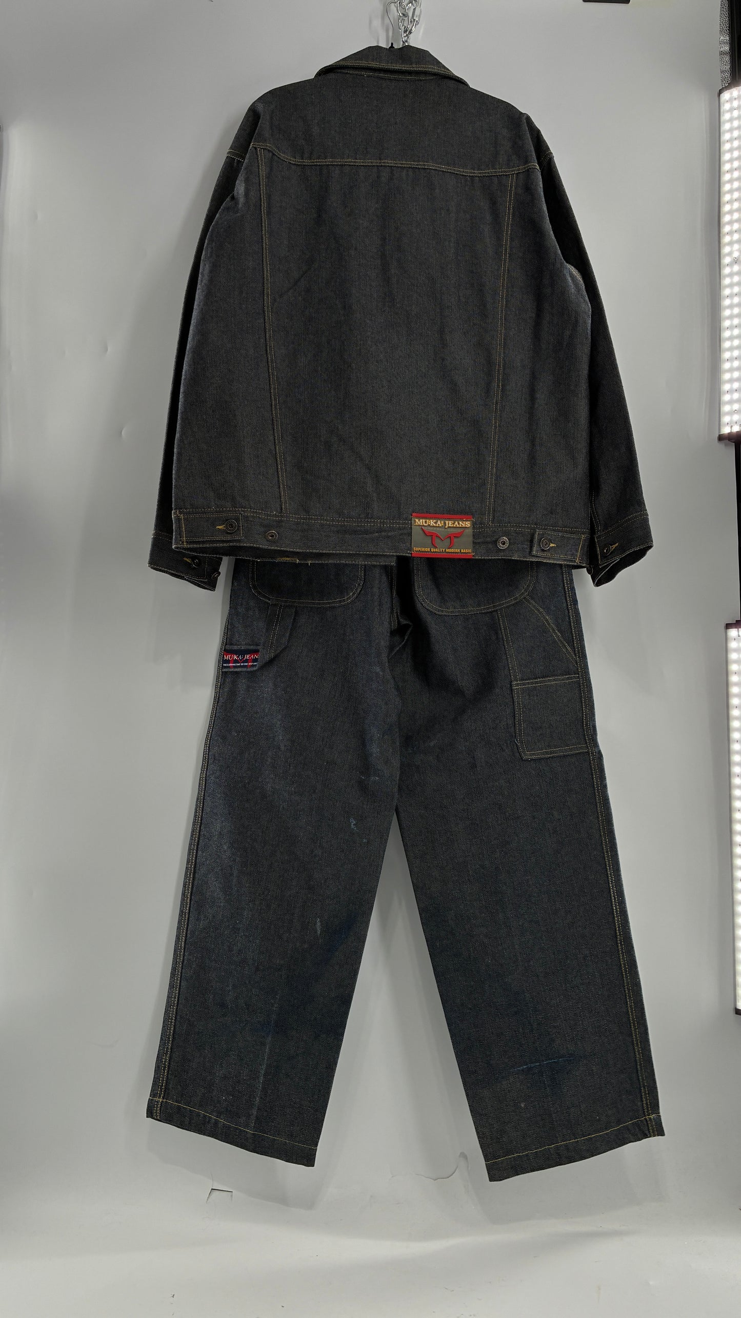 Vintage 1990s MU:KA: JEANS Men’s Dark Wash Japanese Style Denim Baggy Straight Legs and Oversized Jacket Set (L, 32x32)