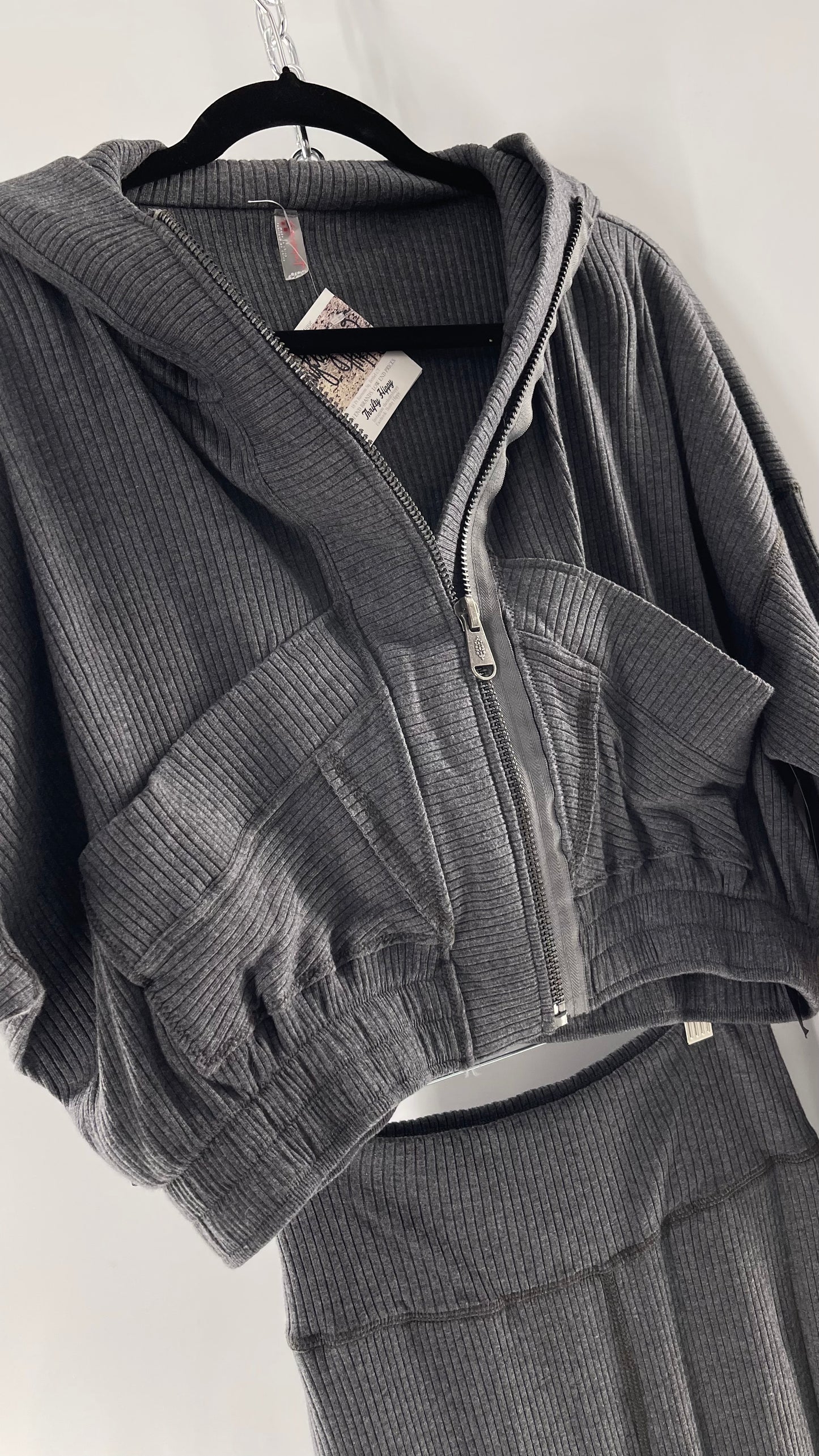 Free People Charcoal Slate Gray 2 Piece Set with Cropped Hoodie and Jogger Sweats with Tags Attached (XS)