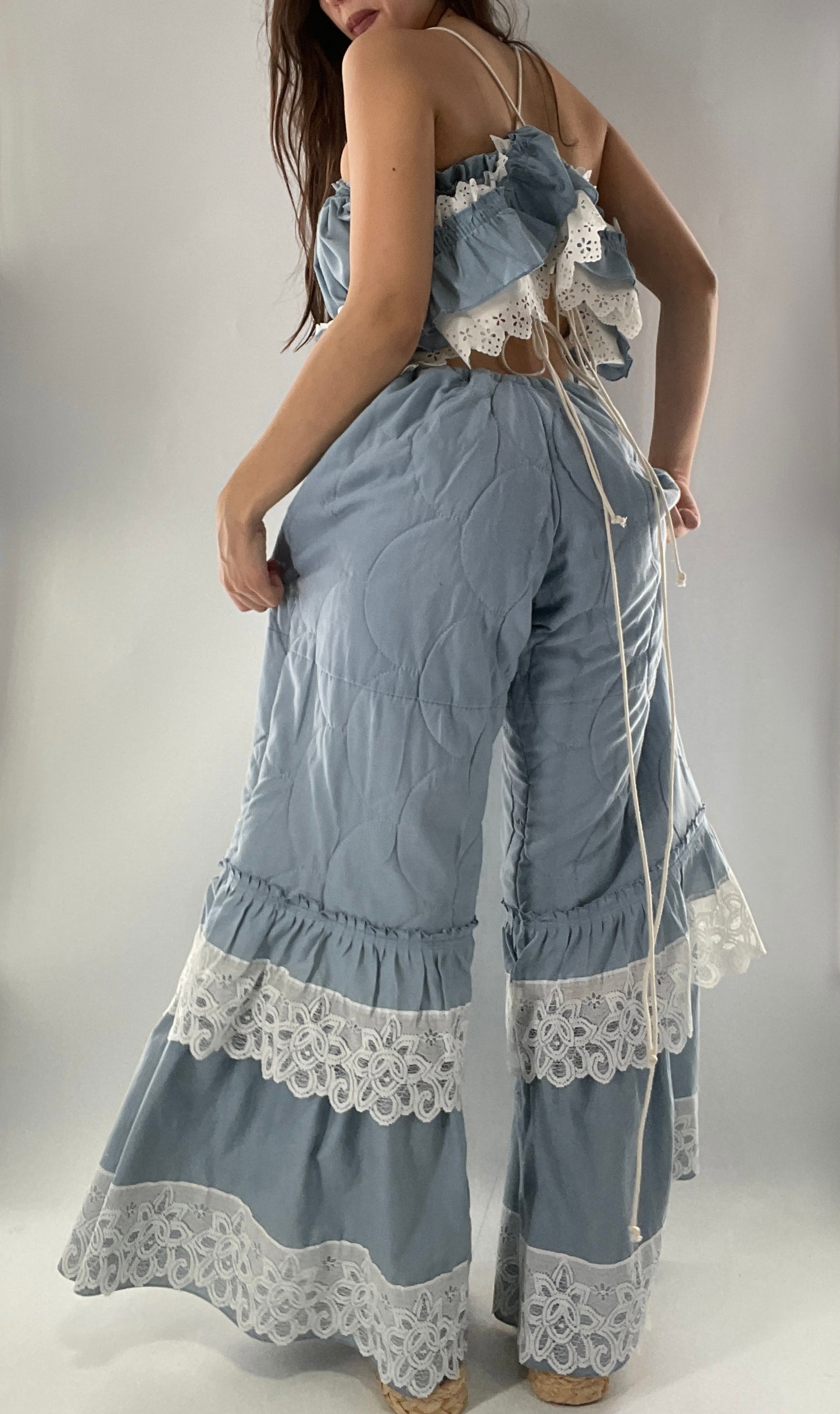 Vintage 2 Piece Powder Blue Set Featuring 2Way Blouse and Quilted Trousers Covered in Ruffles, Lace and Trim (One Size)