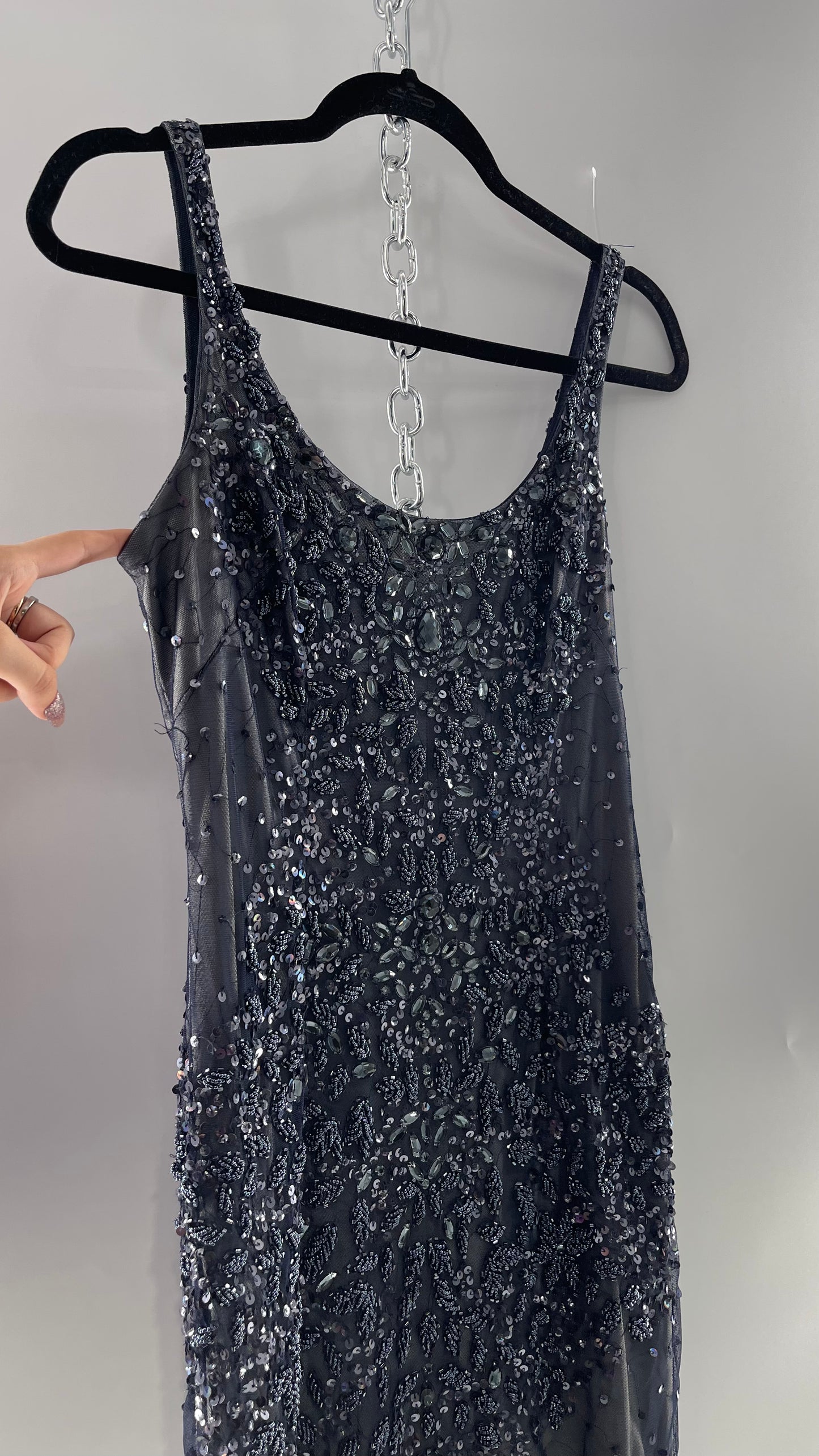 Vintage Cache Moonlight Grey/Navy Blue Tunic Mini Dress with Accentuating Placement of Beads, Sequins and Embroidery Details (2)