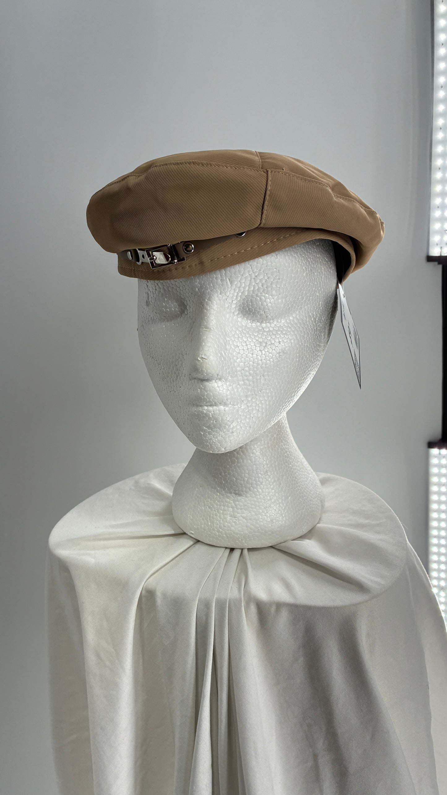 Tan Beret with Vegan Leather Strap and Silver Metal Hardware