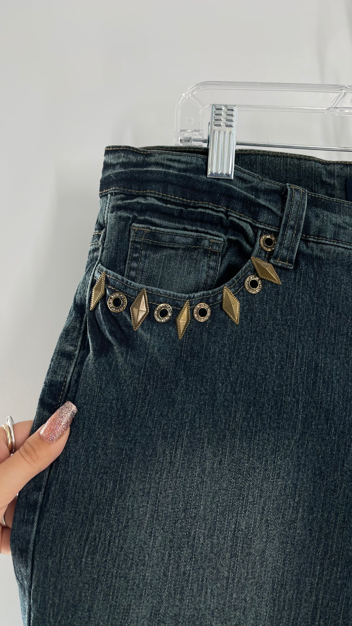 Vintage Blue Pointe Kickflare Medium Wash Jeans with Gold Rhinestone Metal Jewels (13)