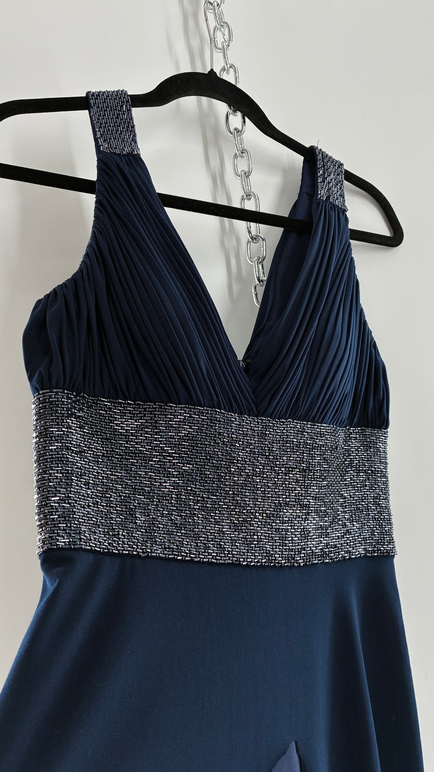 Vintage JS Boutique 1990s Navy Blue Chopped Handkerchief Hem, Beaded Underbust Panel and Pleated Bust (6)