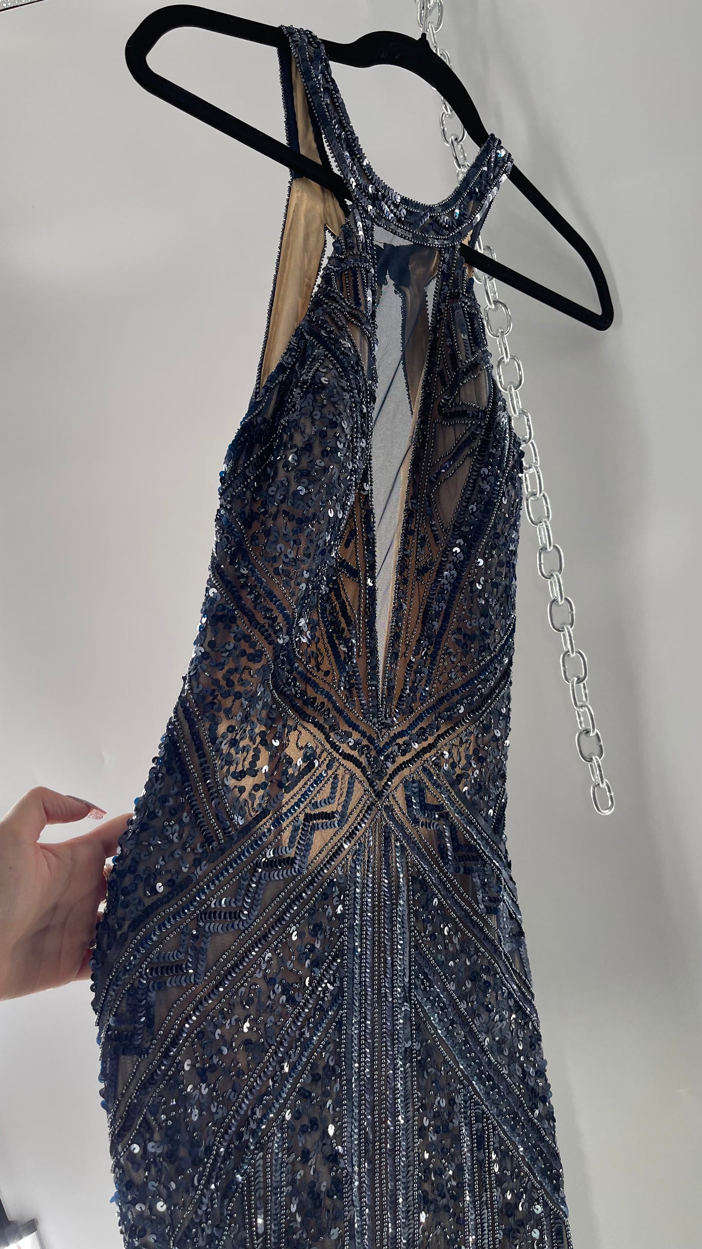 Vintage SCALA Navy Blue Beaded Floor Length Gown with Plunging Neckline, Backless Detail, and Tan Underlay (C)(4)