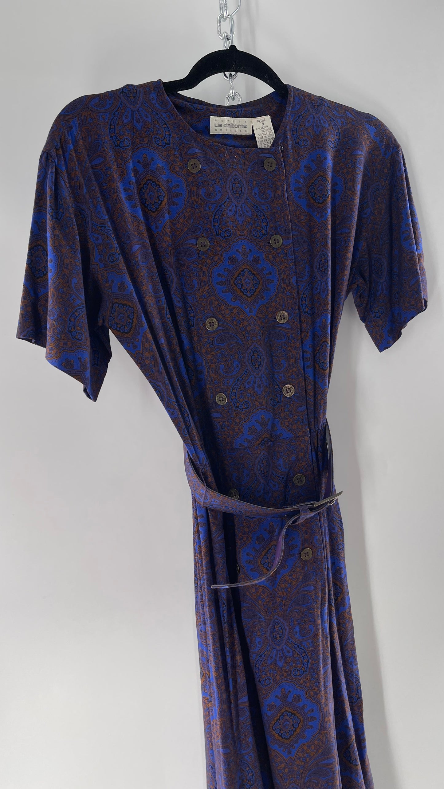 Vintage Liz Claiborne Cobalt Blue and Mustard Paisley Patterned 60s Style Dress(4)