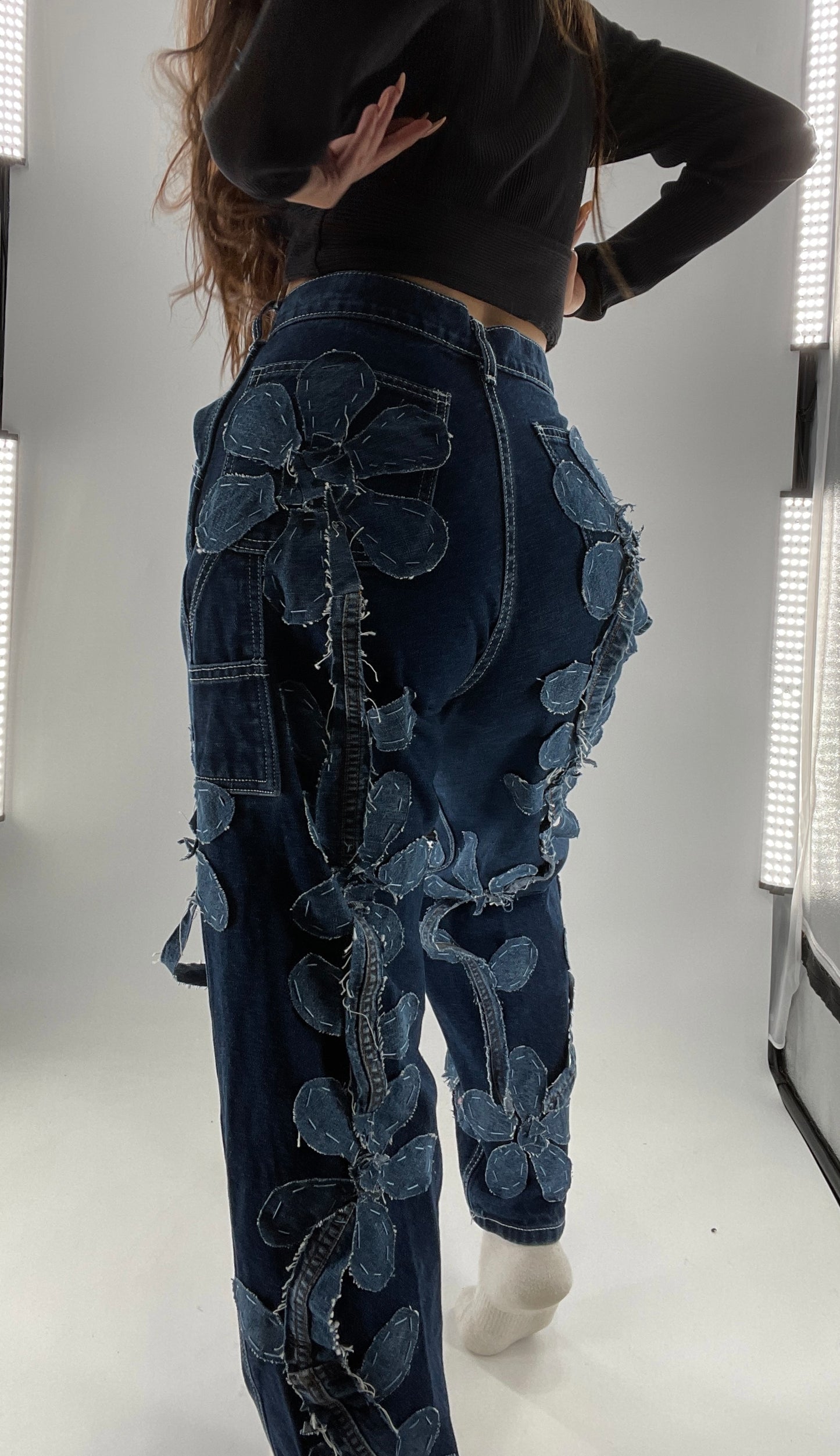 Handmade CUSTOM Dual Denim Tone Floral Vine Cargo Denims (S)