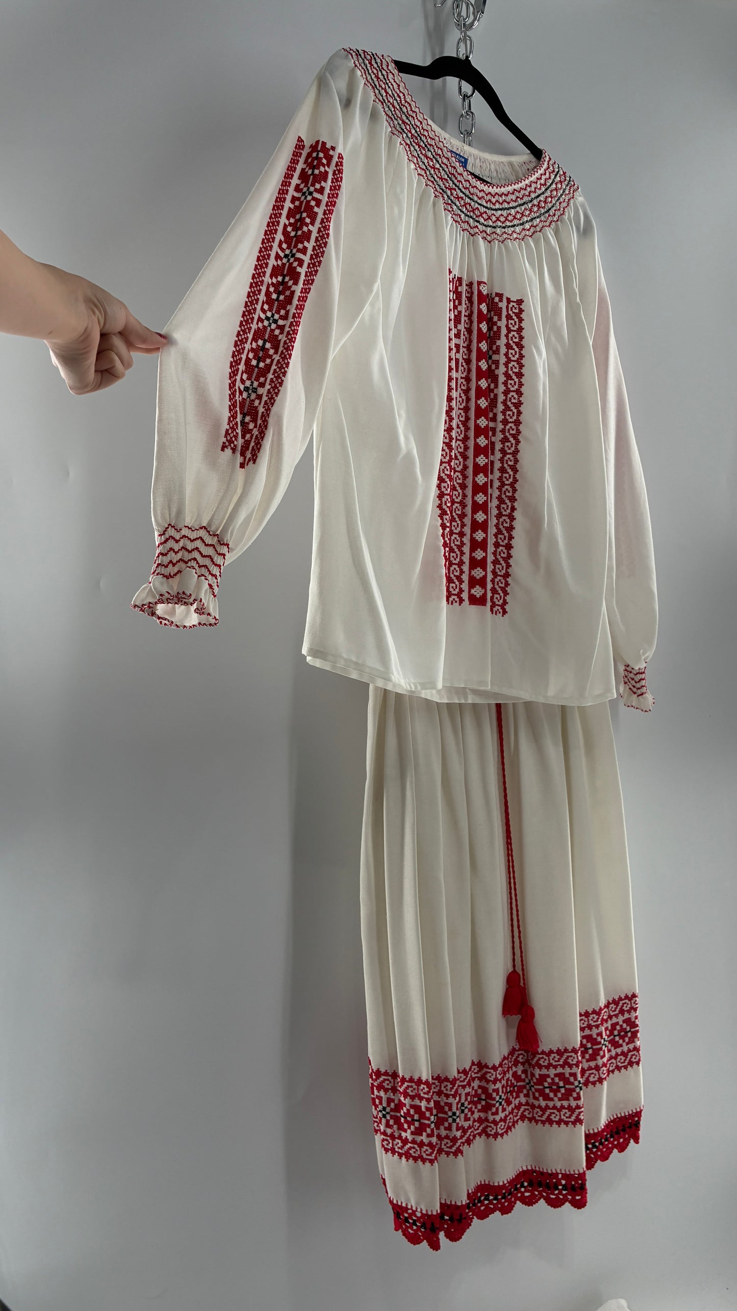 Vintage 1970s LUX FOLKLOR Budapest Handmade Cotton Long Sleeve and Skirt Covered in Red Embroidery and Stitching