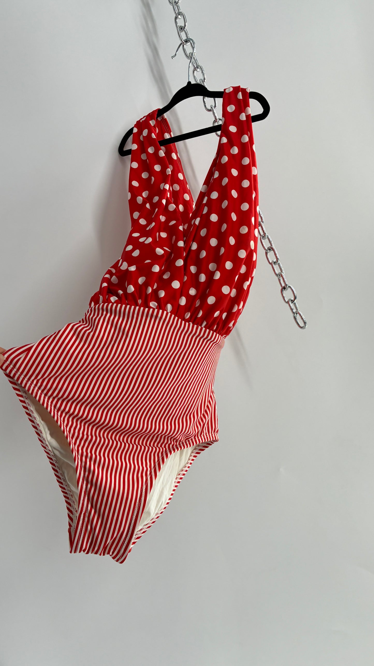 ALLIHOP Anthropologie Red and White Retro Thick Striped and Polka Dotted Bikini with Open Criss Cross Back (Small)