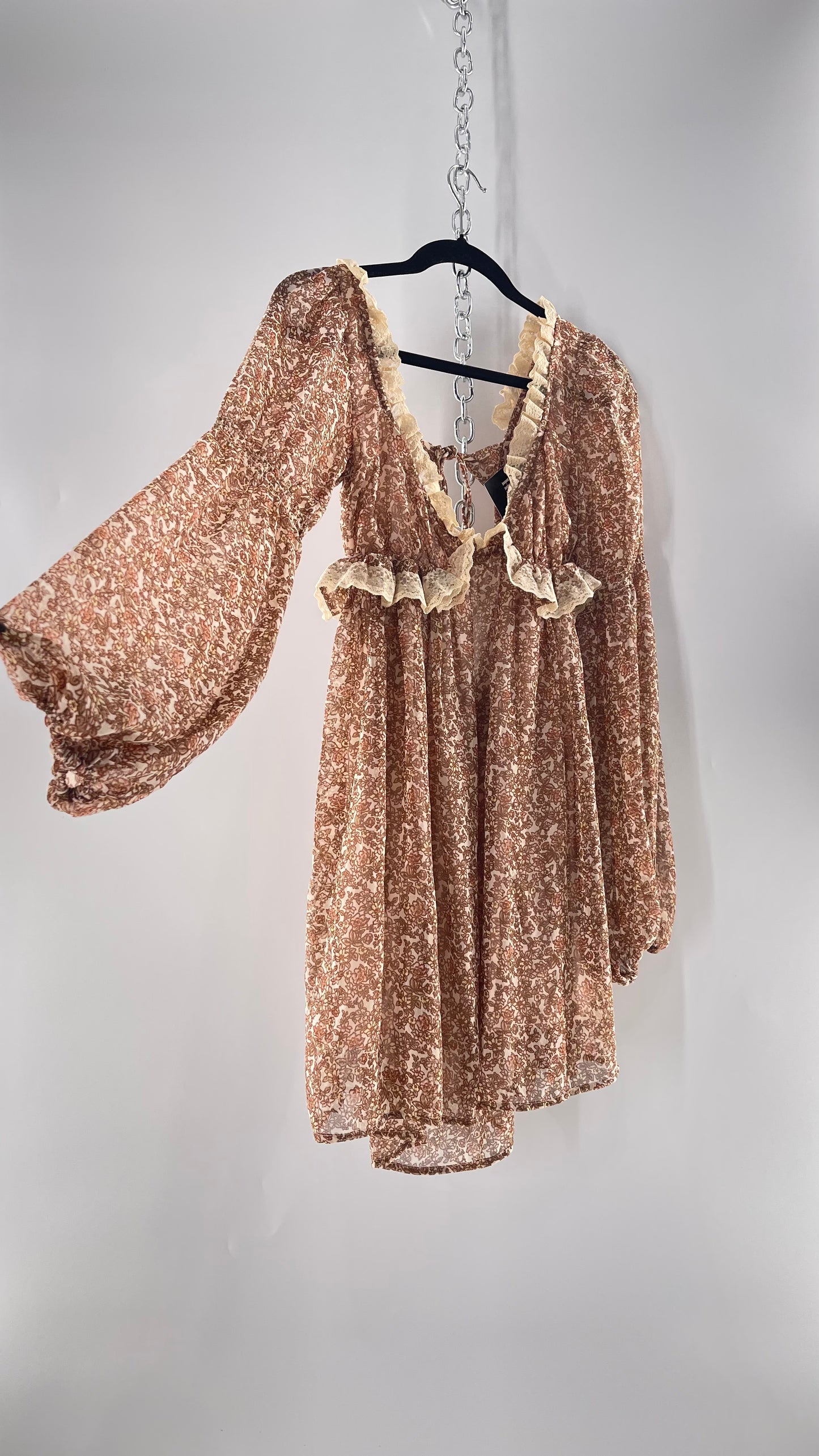 Free People Brown Floral Mini Dress with Beige Lace Lining and Puffy Balloon Sleeves (XS)