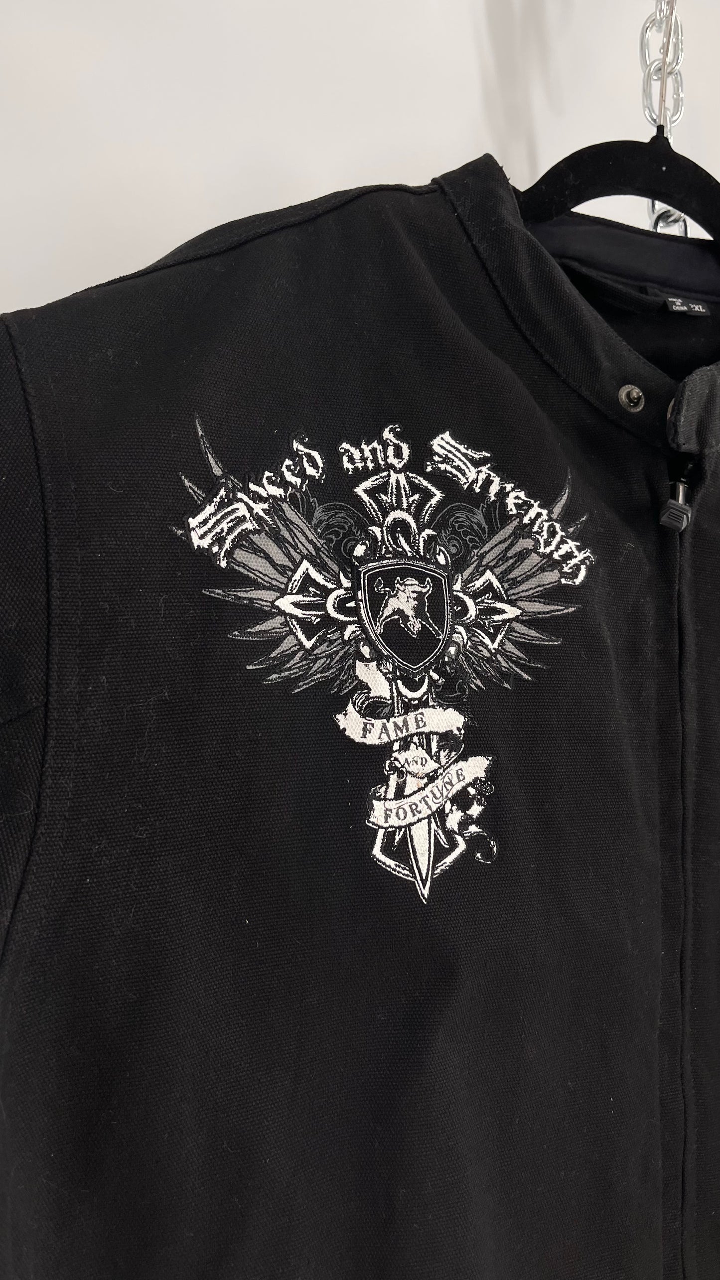 Vintage Speed + Strength Grunge Punk Riding Motorcycle Jacket with Cross Embroidery, Wings, Fame + Fortune, Speed + Strength Men’s Unisex (XXL)