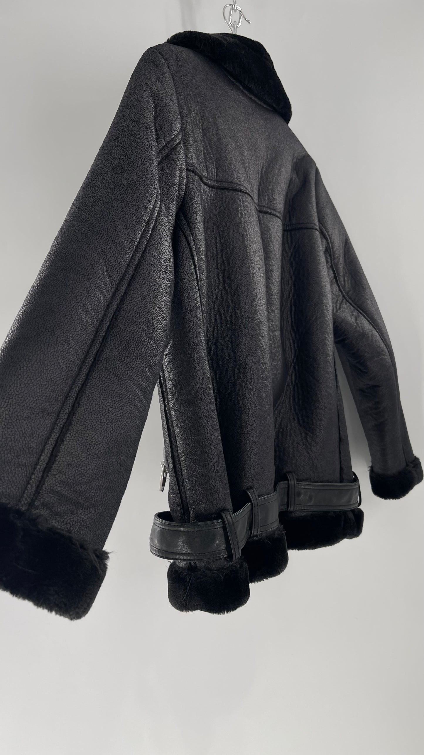H&M (C) Black Faux Leather Moto Jacket with Faux Fur Lining (10)