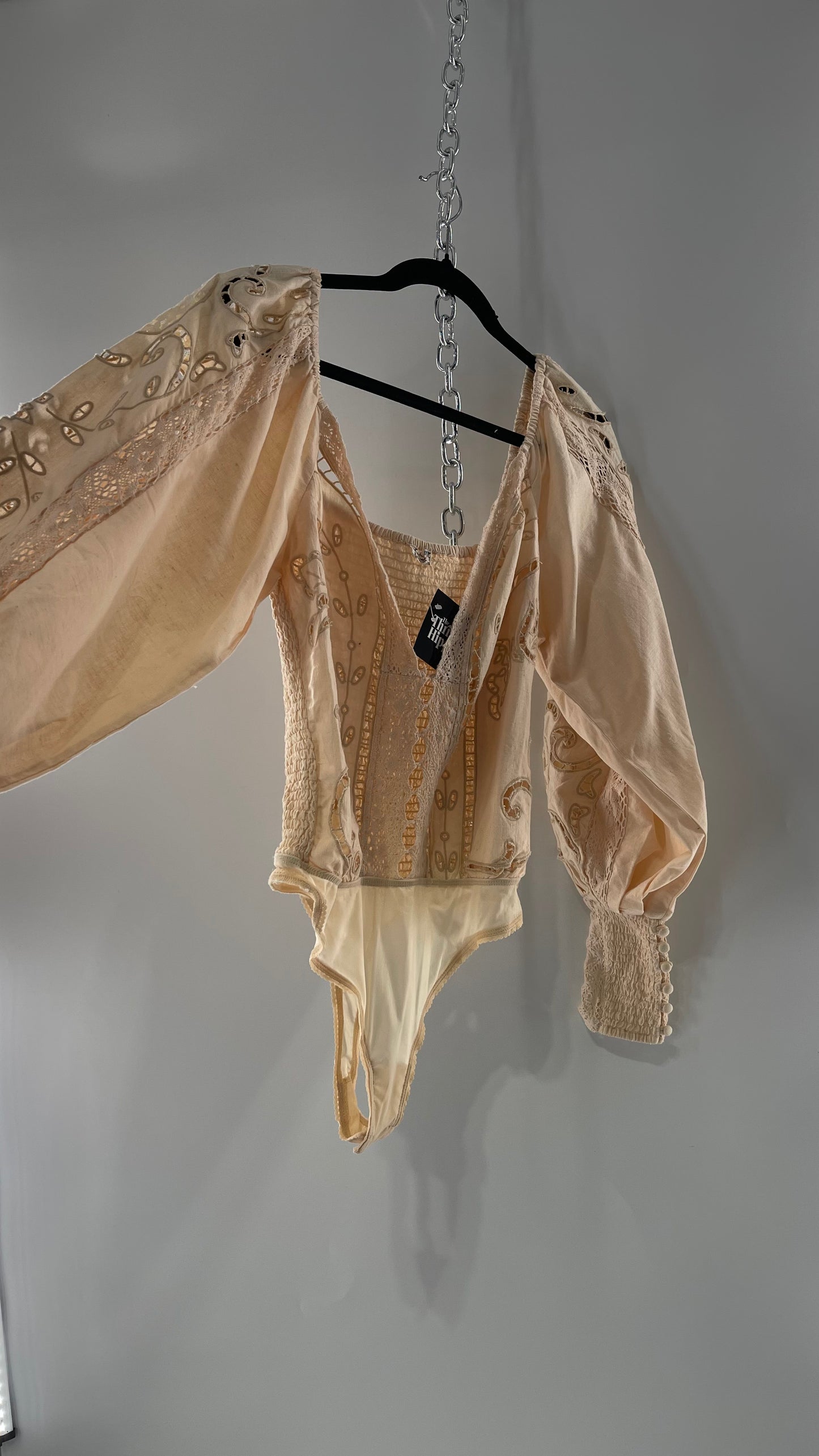 Free People Off White Cotton Bodysuit with Embroidered Lace Balloon Bishop Sleeve and Smocked, Buttoned Cuffs (Large)
