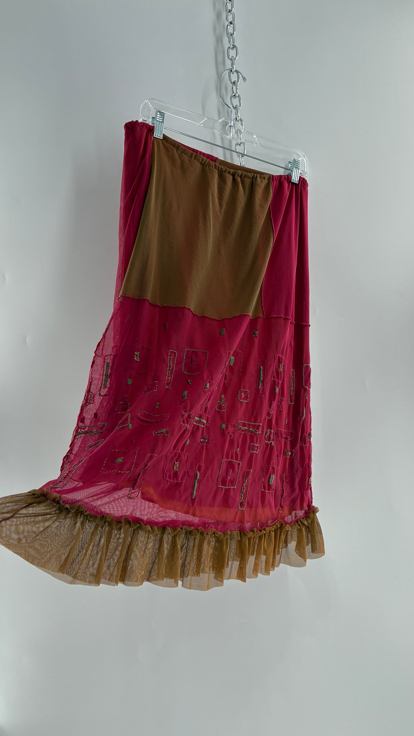 Vintage LILLI ROSE Fuchsia Exposed Stitch Midi Skirt with Embroidered Details (S/M)