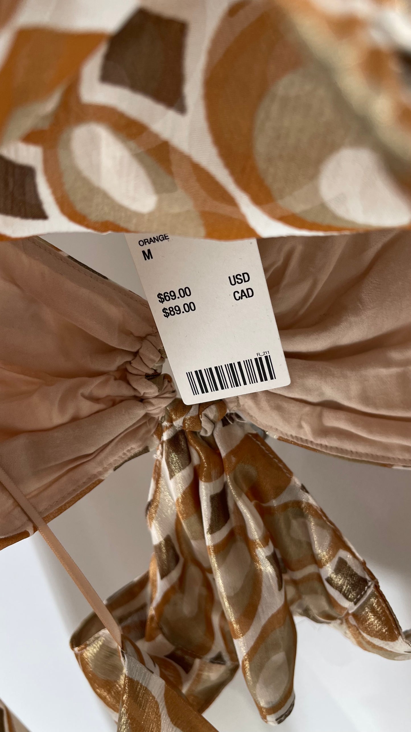 Urban Outfitters Shimmer Top Balloon Sleeve Gold Retro Print Cut Out Tie Around Blouse (Medium)