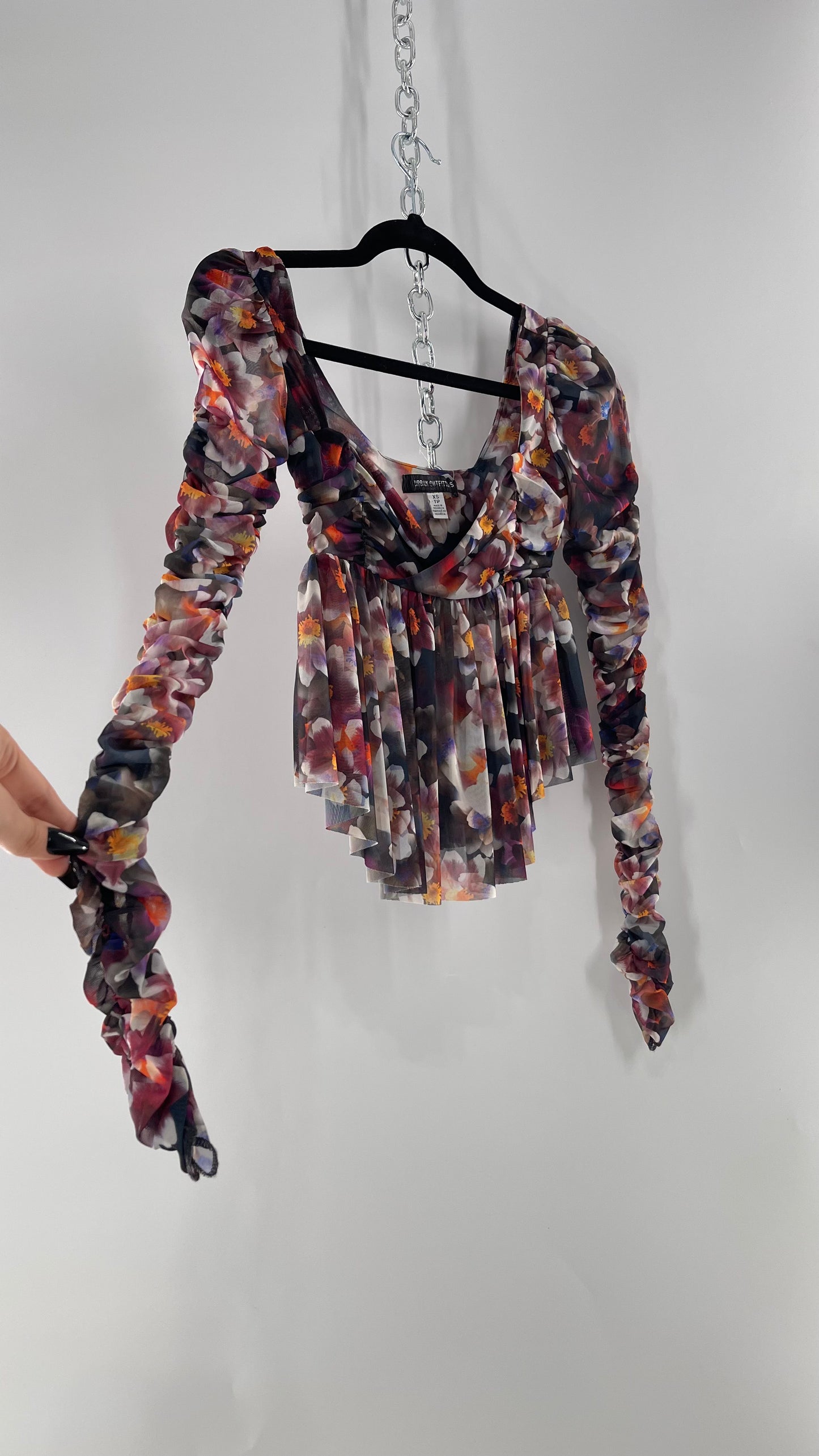 Urban Outfitters Psychedelic Floral Mesh Cropped Blouse with Ruched Sleeves and Pleated Hem (XS)